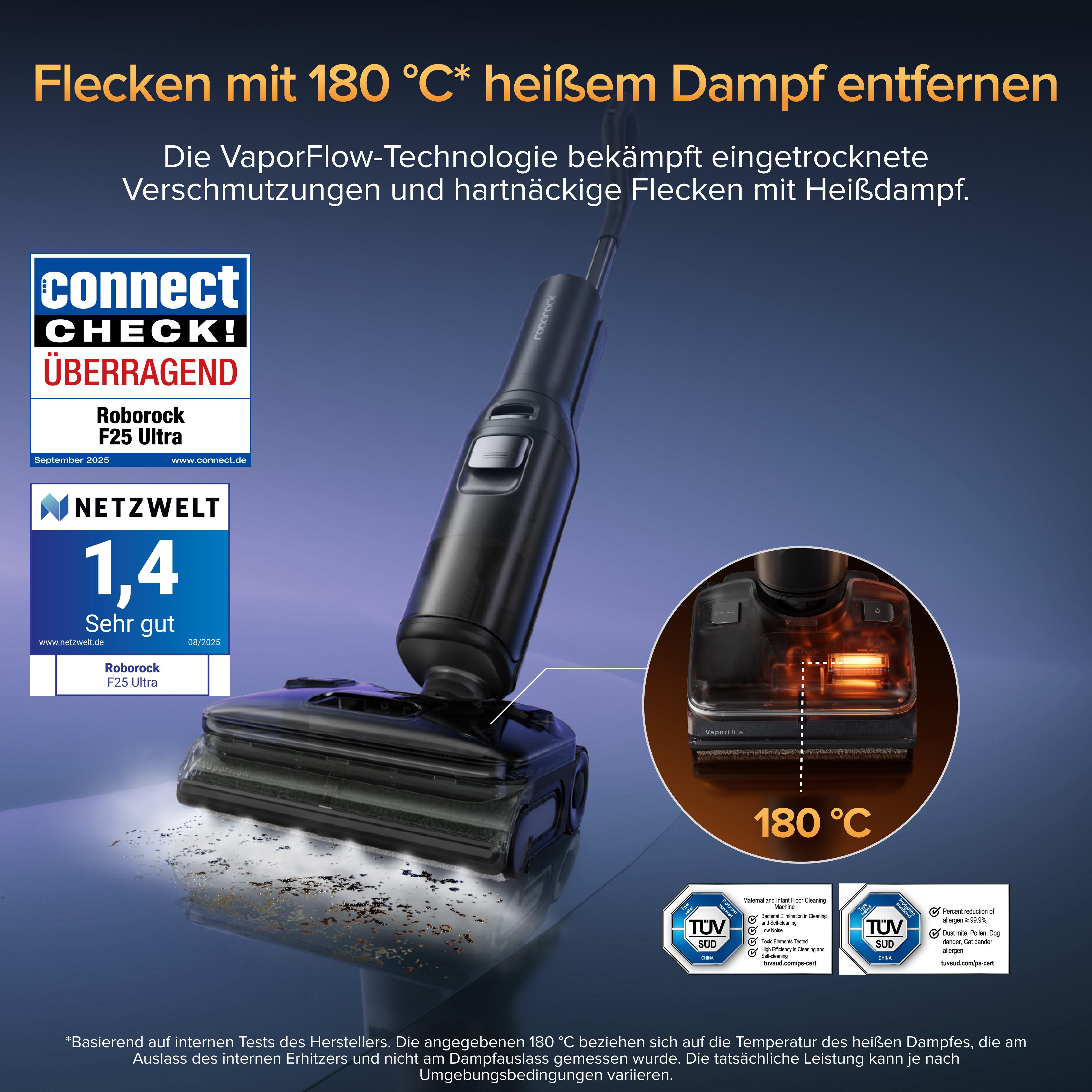 Roborock Nass-Trocken-Sauger mit Dampf F25 Ultra, 180 °C Dampfmopp, 22kPa Saugkraft, 22kPa Staubsauger mit Wischfunktion, 86 °C Heißwasser Saugwischer, 180 °C Dampfmopp, 86 °C Heißwasser Saugwischer, 90°C Selbstreinigung
