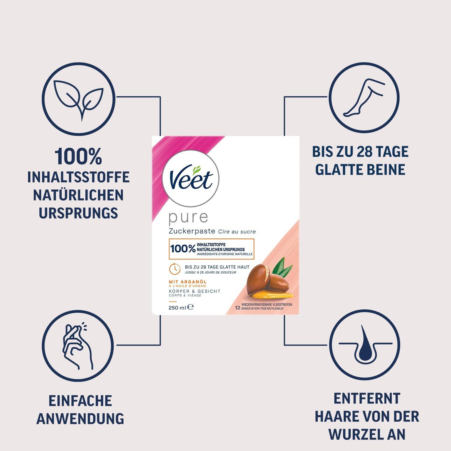 Veet Zuckerpaste Haarentfernung an Körper & Gesicht, 3 St., inkl. Holzspatel & Stoffstreifen, mit Arganöl