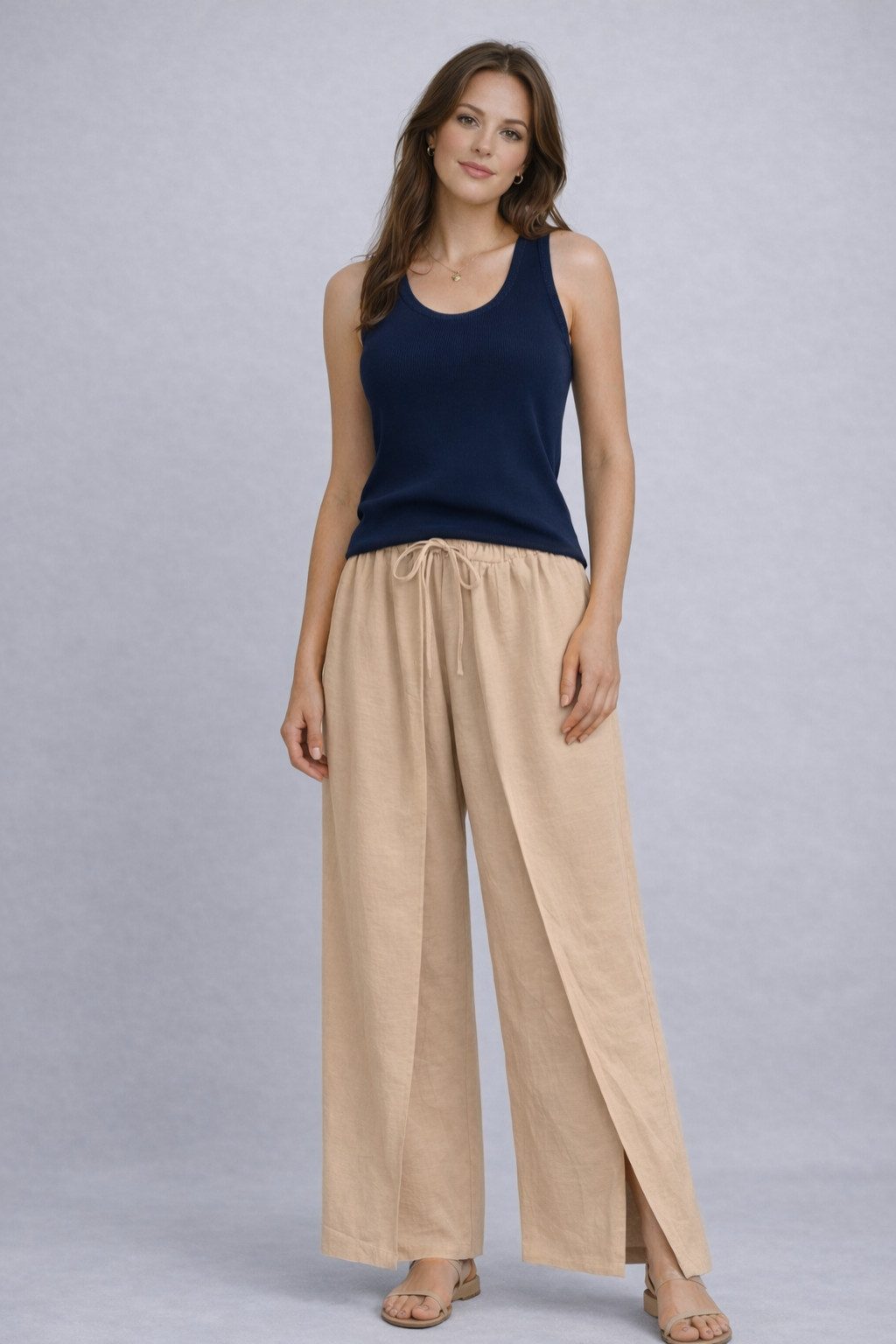 ITALY VIBES Palazzohose - Marlenehose - weite Damenhose - mit Schlitz - beige - ITALY VIBES