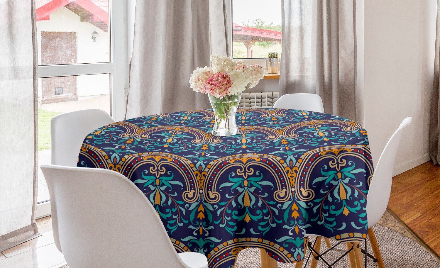 Abakuhaus Tischdecke Kreis Tischdecke Abdeckung für Esszimmer Küche Dekoration, Herbst-Damast Barock Blumenbild | Tischdecken