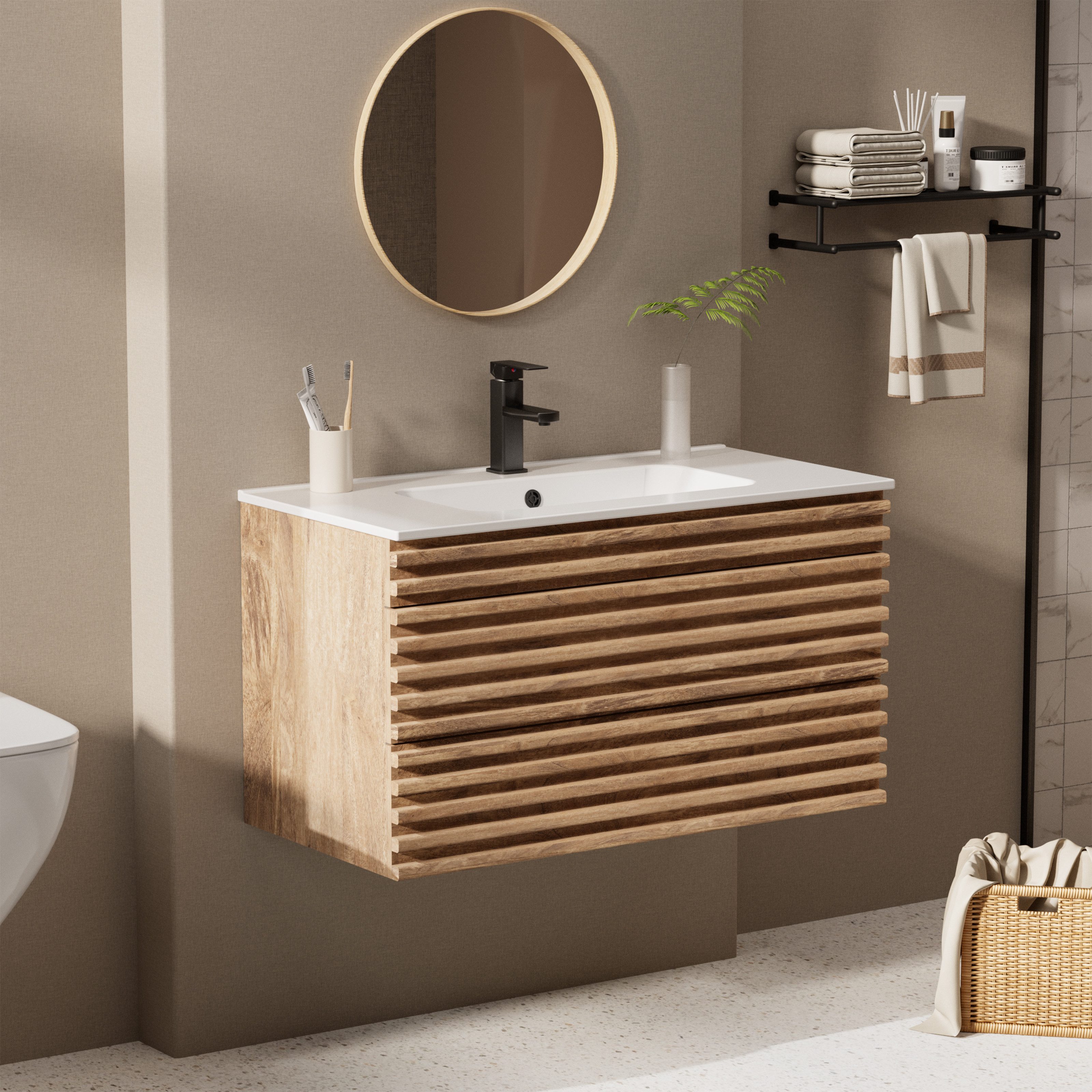 UEV Waschtisch mit Unterschrank, natur, 60cm/75cm/90cm hängend, Badezimmerschrank (Waschtischunterschrank, Badmöbel für Gäste WC, Natur, mit Wasserhahn und Pop-up-Ablassventil), Soft-Close-System, Unterschranke fürs Bad,Waschplatz