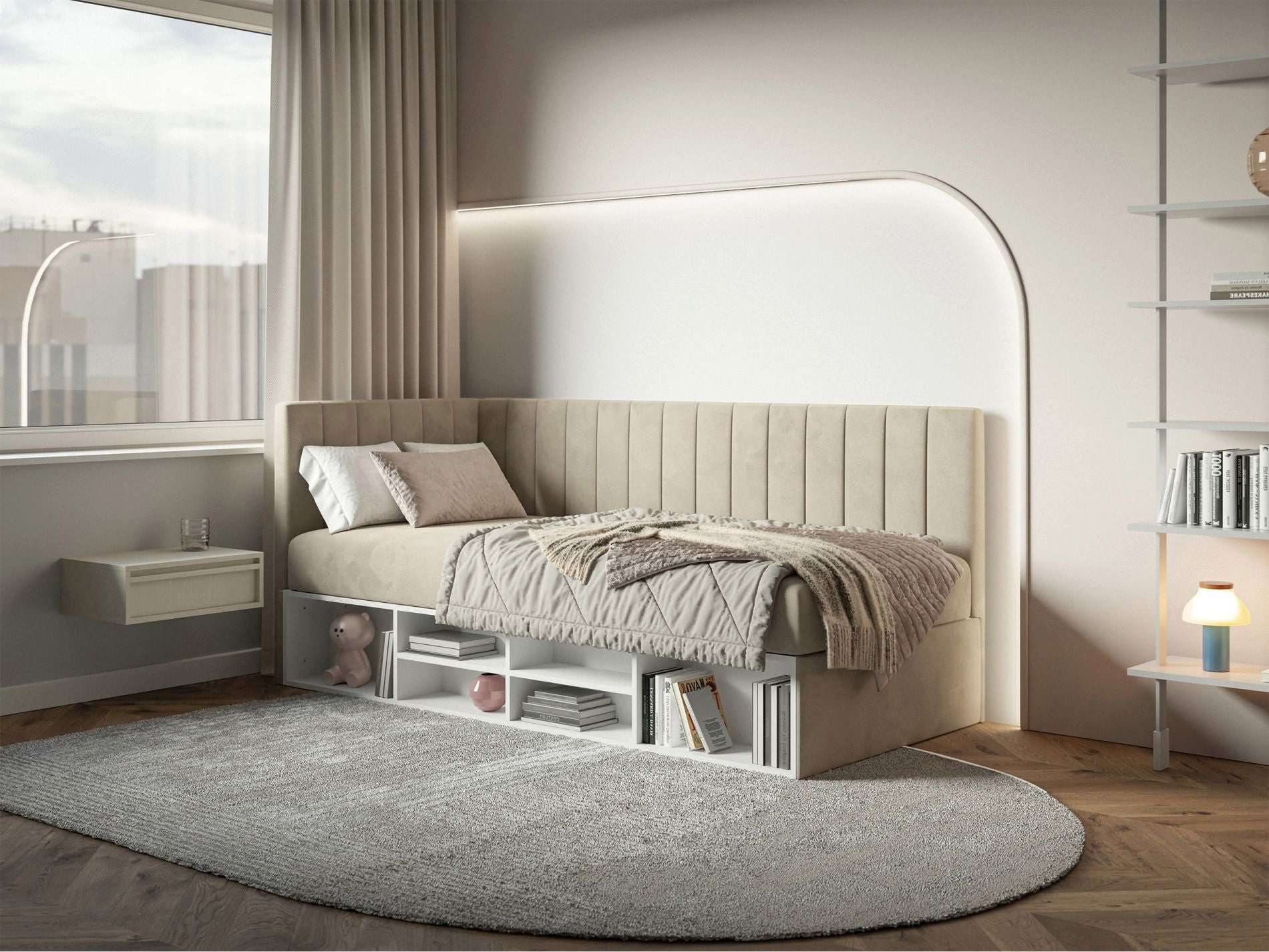 Selsey Jugendbett VENTRIO, mit Bonellfederkernmatratze, Bettkasten, Regal und Easy-Clean-Bezug