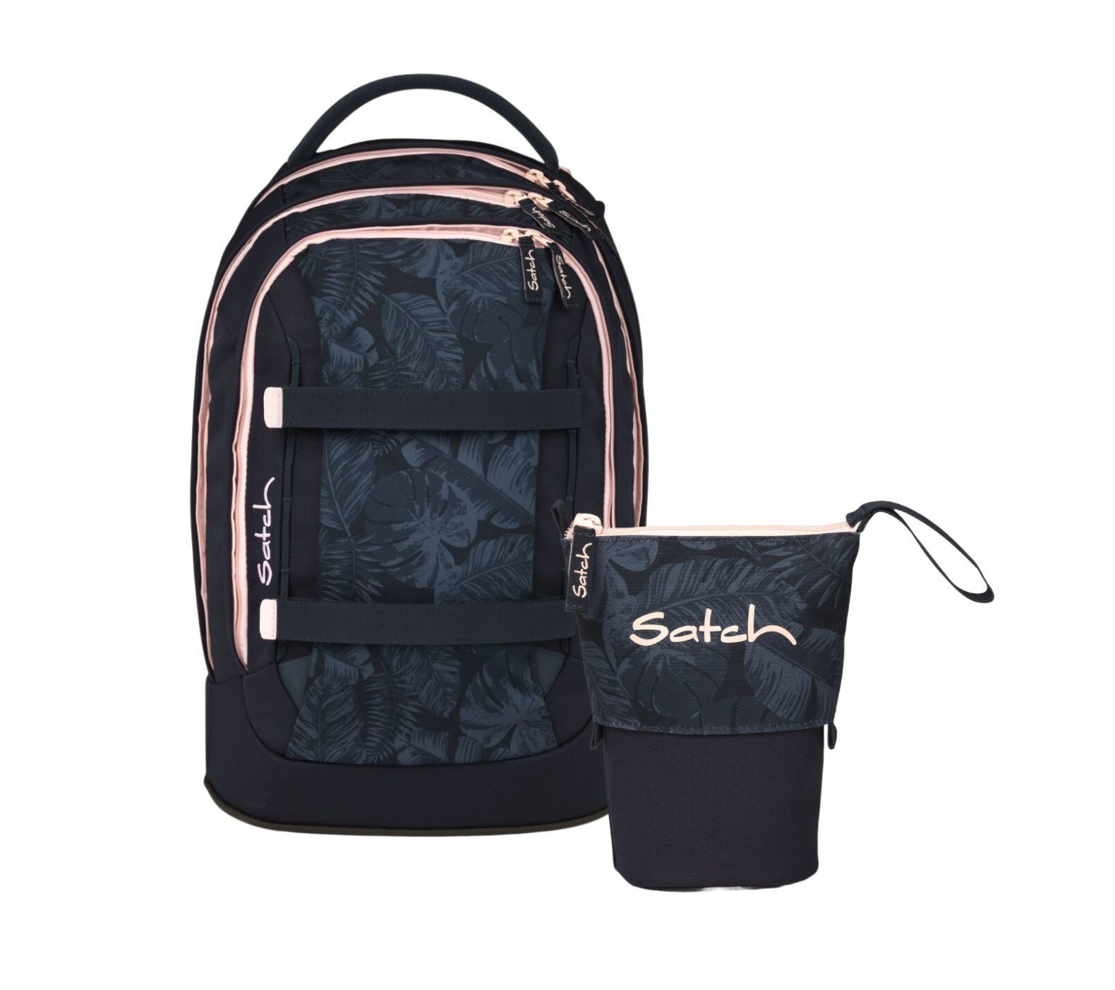 Satch Schulranzen Schulrucksack-Set PACK Midnight Jungle 2-teilig (2-teilig), ergonomisch, Your-Size-System, 5 Fächer