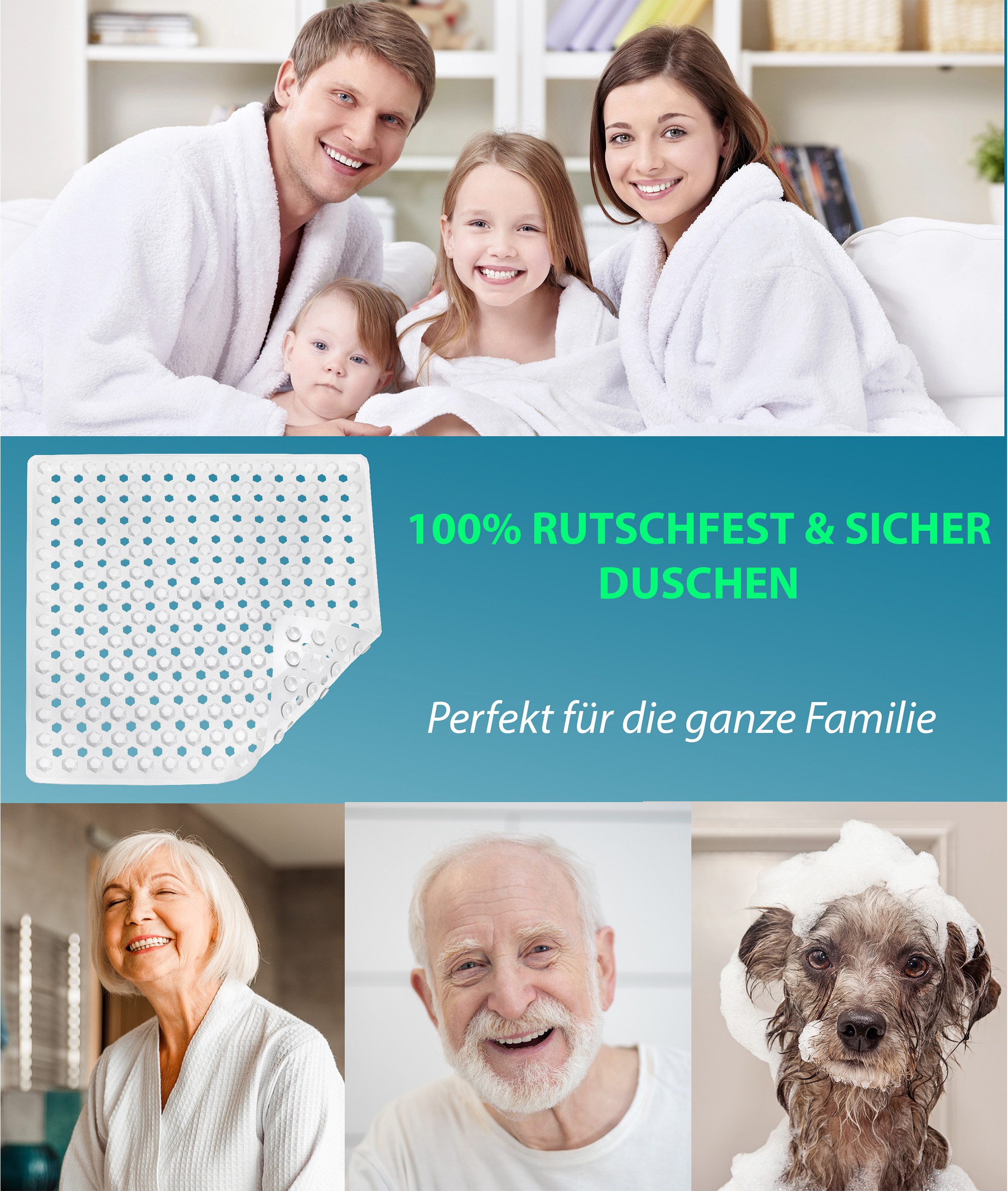 Blumbach Duschmatte - griffige Antirutschmatte Diamant 53 x 53 cm, - 100% BPA-frei, inkl. 2 Haken zum Aufhängen, Duscheinlage, schimmelressisten & maschinenwasc – Bild 5 von 5
