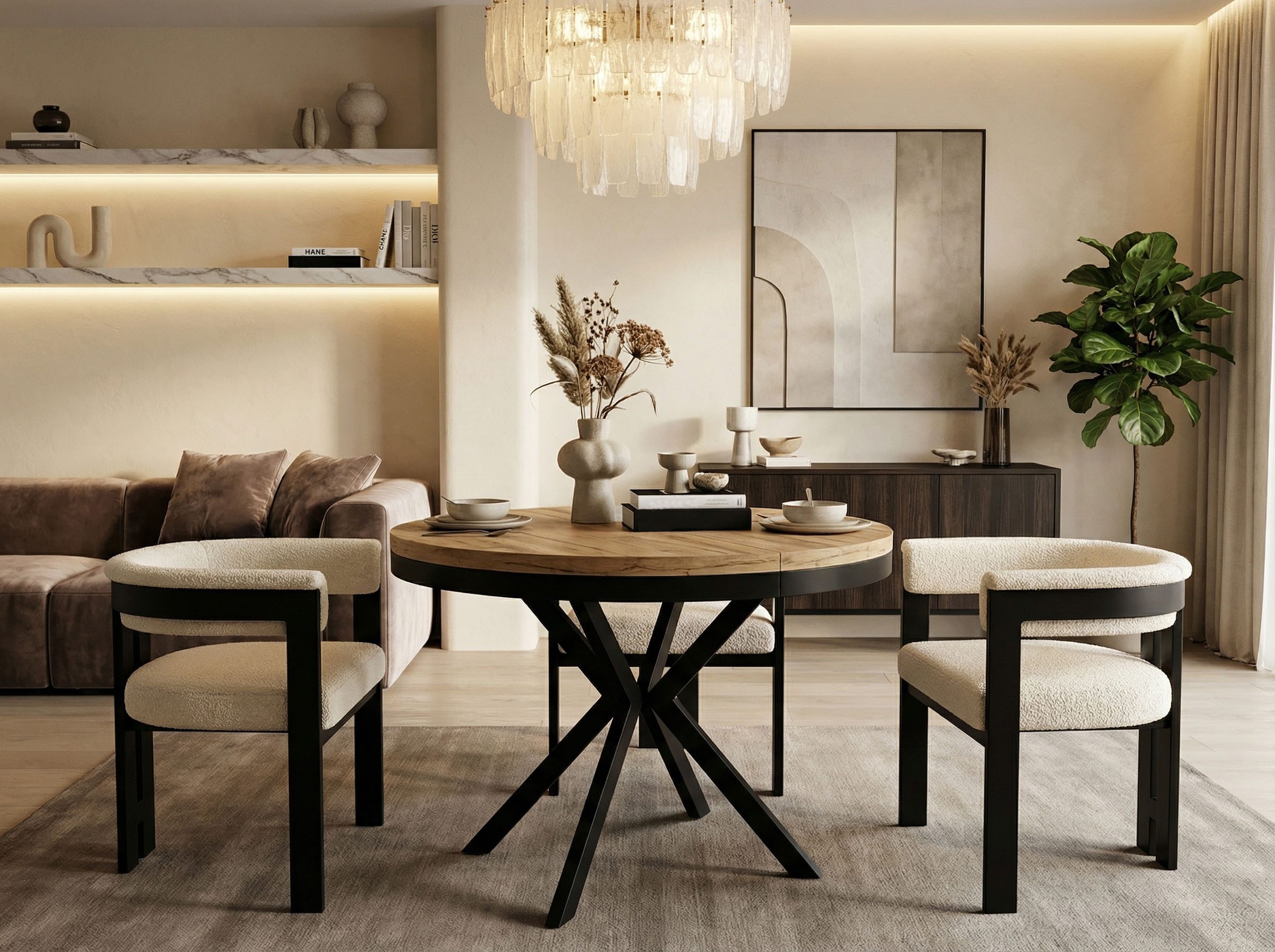 WFL GROUP Esstisch Ross ausziehbar rund industrial mit schwarzen Metallbeinen (MADE IN EU, erhältlich in 3 Größen – 90/100/120 cm ausziehbar auf 170/180/200 cm), platzsparender Tisch in Holzoptik für Küche, Esszimmer oder Wohnzimmer