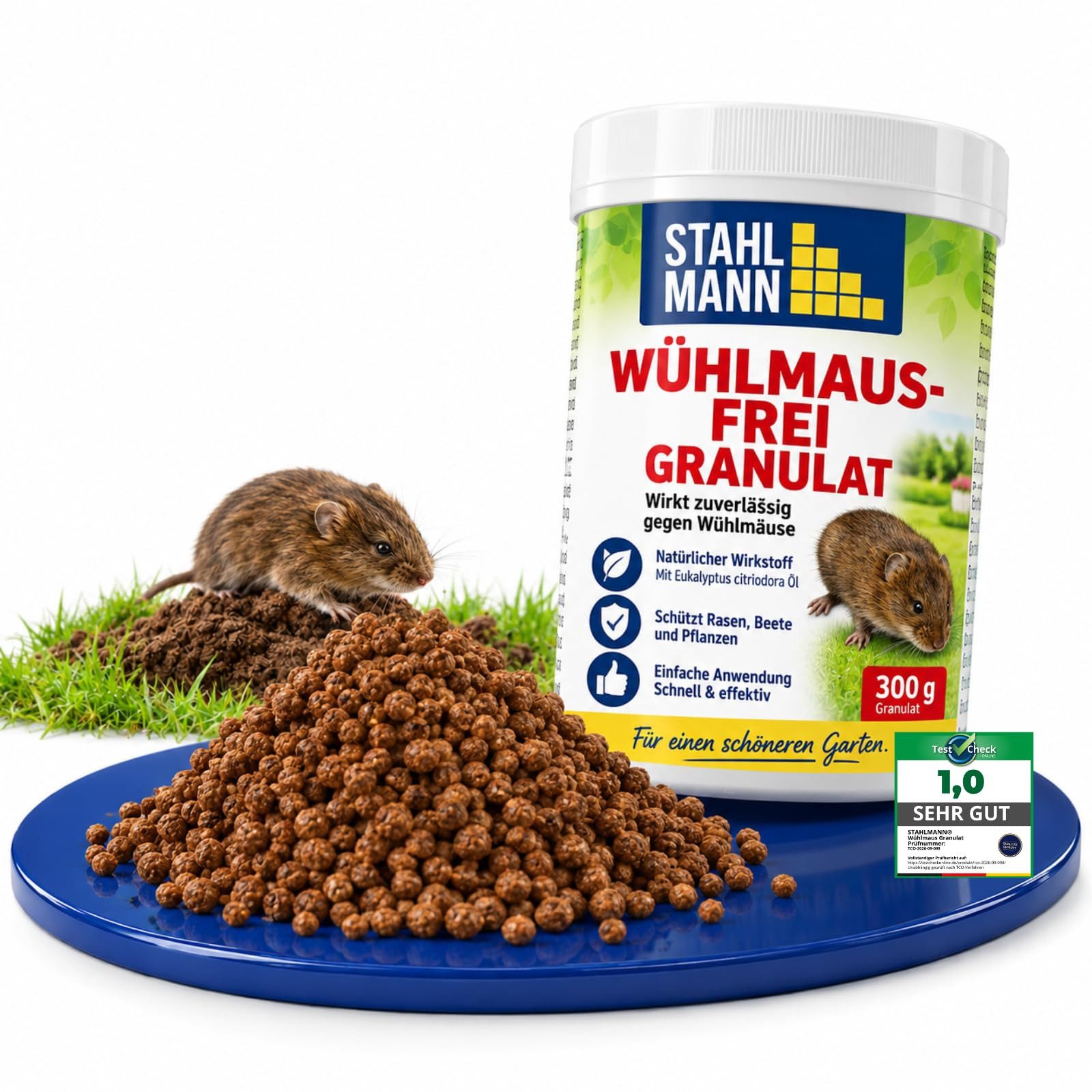 STAHLMANN Vergrämungsmittel Wühlmaus Granulat [300 g] Wühlmäuse vertreiben mit Langzeitwirkung, 300 g, 300 g, Zitroneneukalyptusöl, Langzeitwirkung, Made in Germany