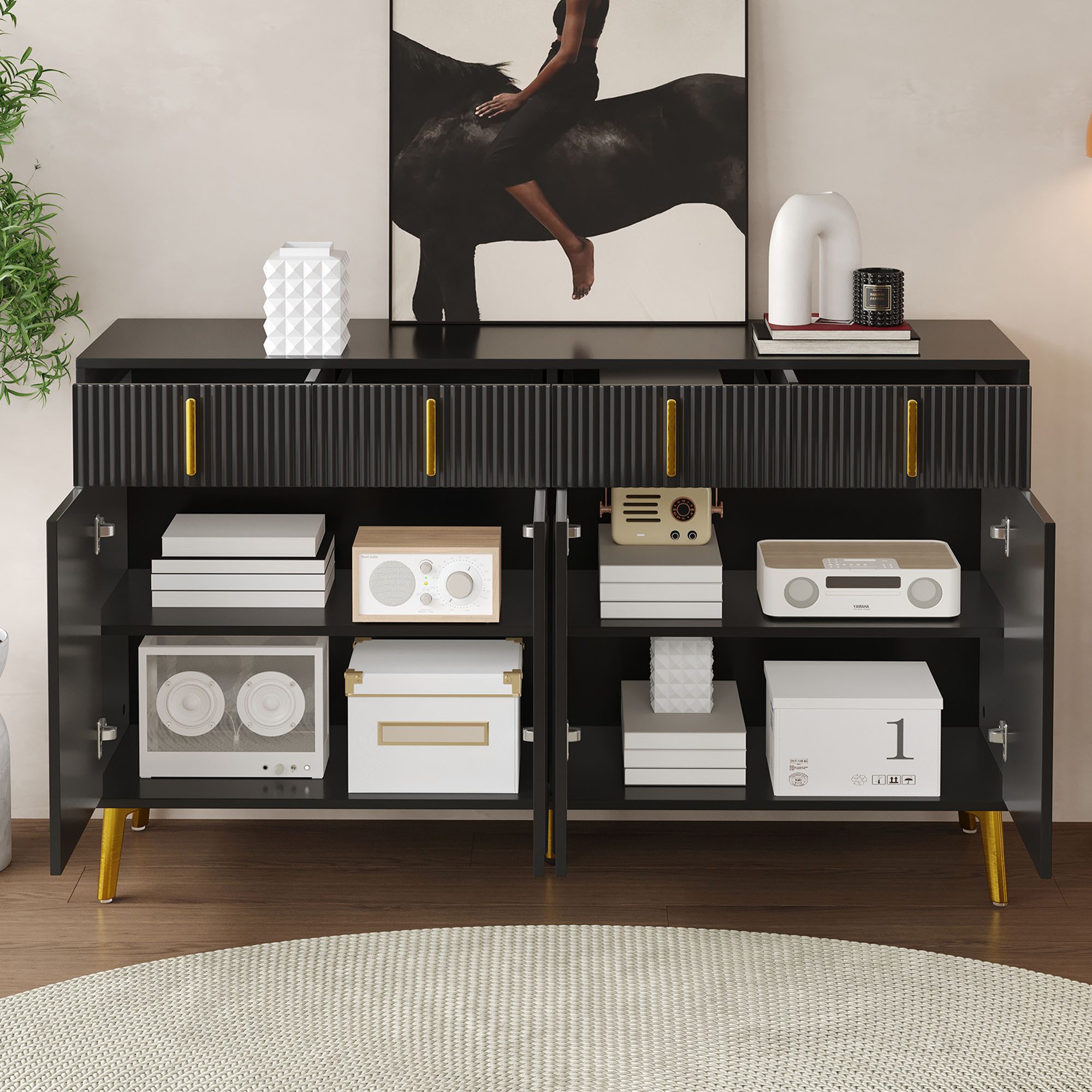 Merax Sideboard mit 4 Türen und 4 Schubladen (mit verstellbaren Einlegeböden und goldenen Beinen, H82/B140/ T37.8 cm), Kommode Anrichte Mehrzweckschrank für Wohnzimmer und Schlafzimmer