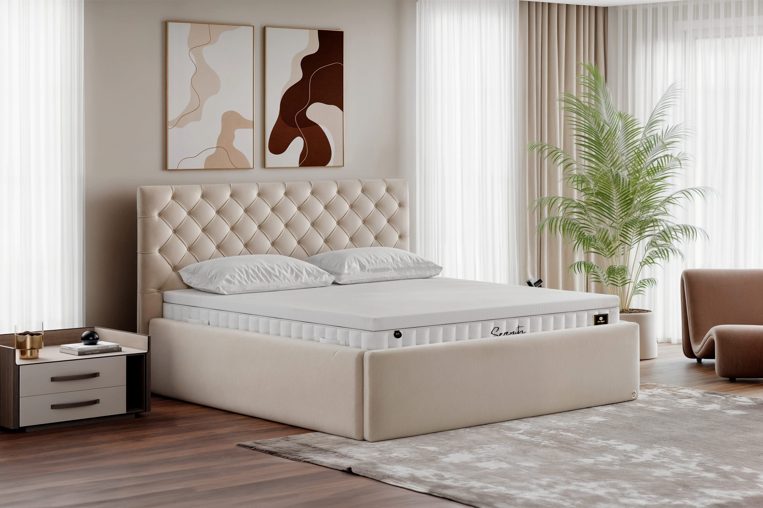 Di-Lara Polsterbett Artemis 300x200 cm (Offwhite, Chesterfield Design & XXL Bettkasten), mit Lattenrost(e) und Bettkasten