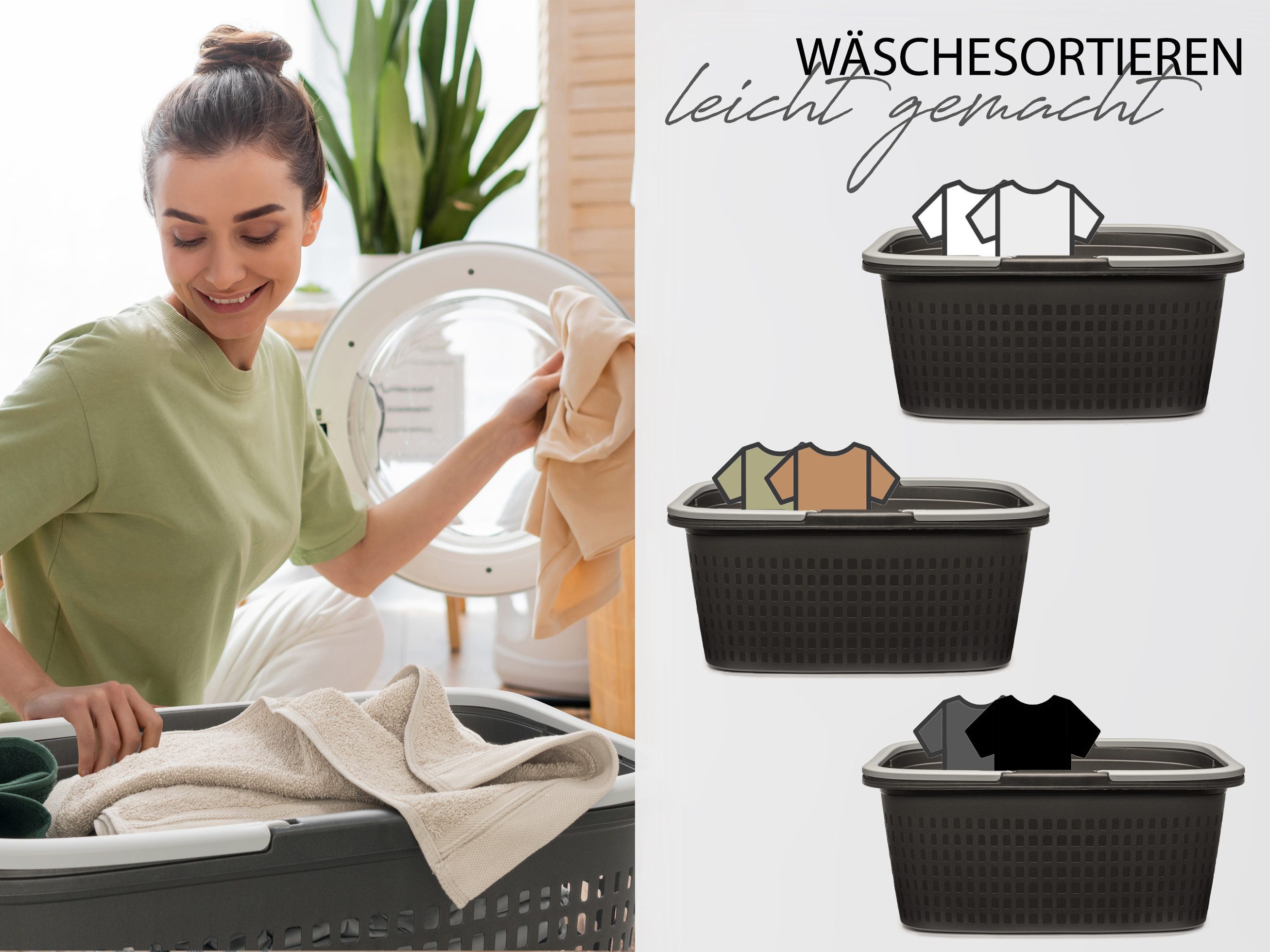 Hausfelder Wäschekorb Wäschewanne 35 l (Anthrazit-Schwarz, 3 Wannen) (Set, 3 St., 3 x Wäschewanne), mit klappbaren Henkeln, mit Griffen, 35 Liter