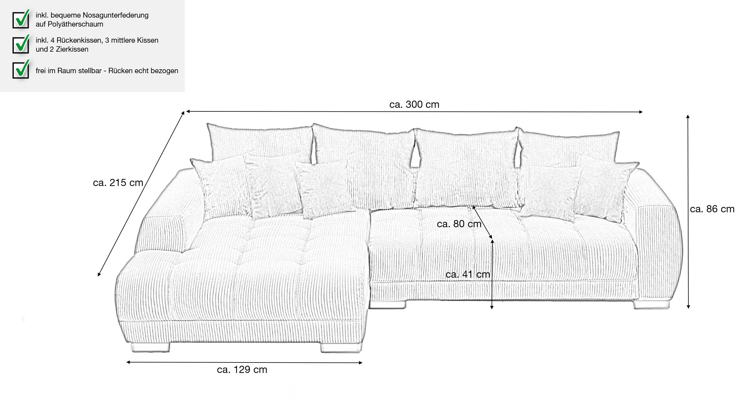 Massivart® Ecksofa Cord 300x215 cm / Nosagfederung / Cordsofa / ARTEMIS, inkl. Kissen-Set · frei im Raum stellbar