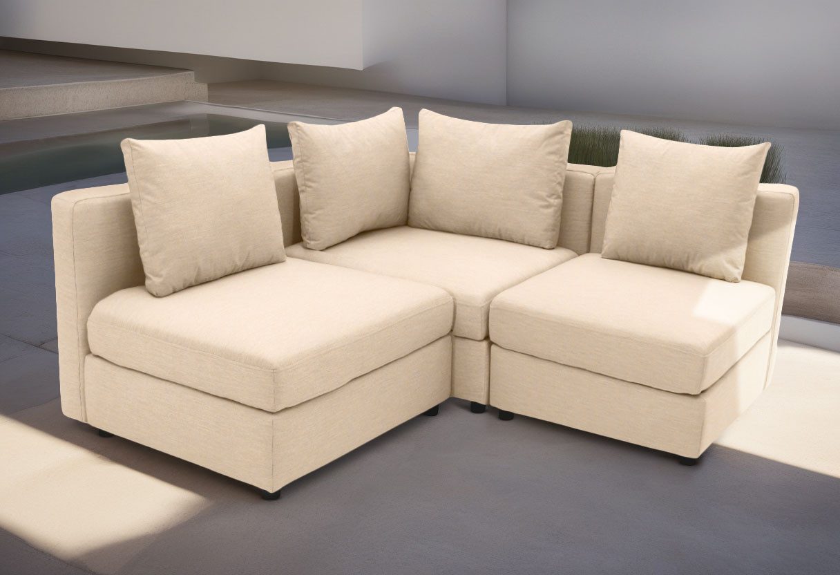 DOMO collection Ecksofa Solskin, individuell erweiterbar/kombinierbar L-Form, mit losen Kissen. Rücken- und Seitenteile als Stecksystem.