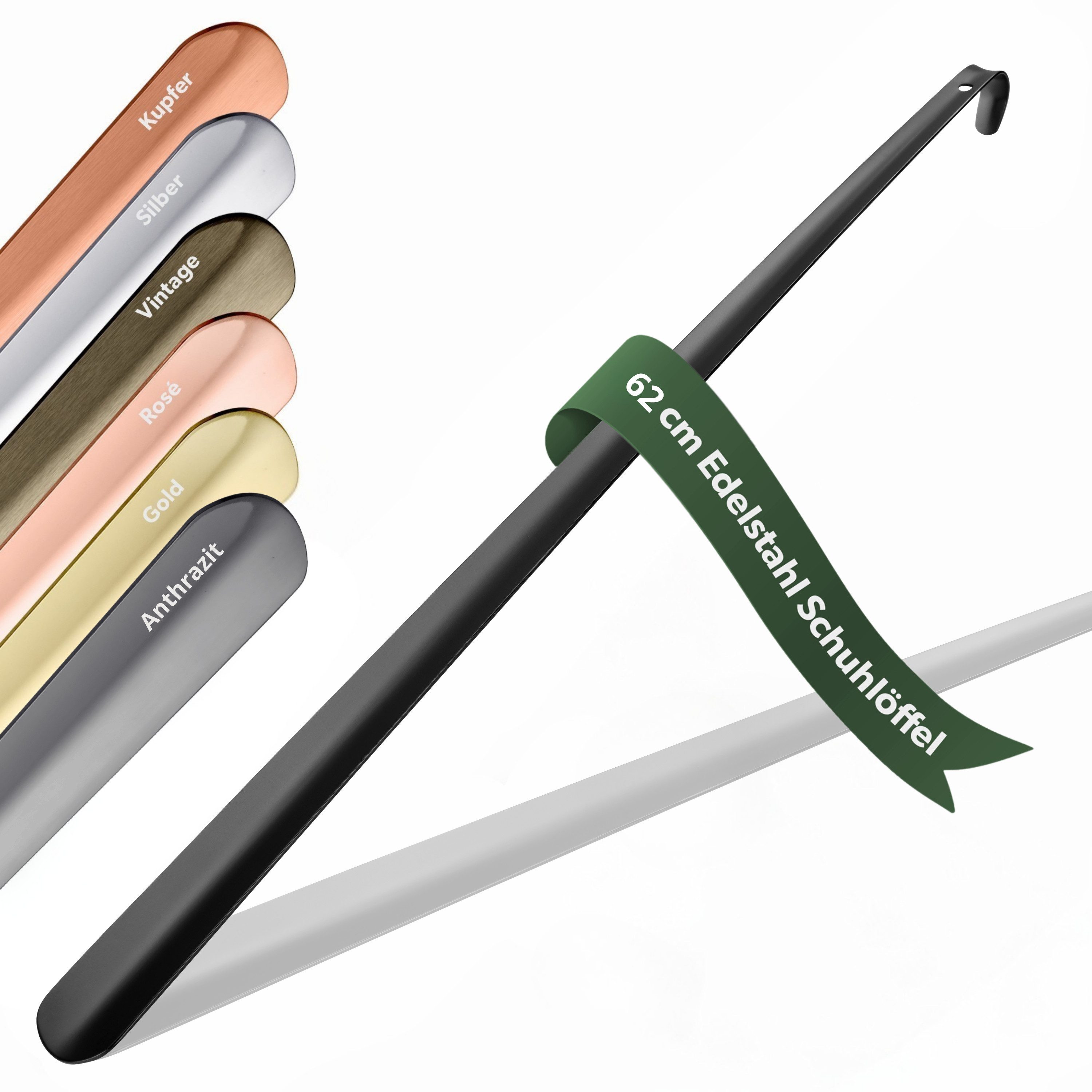 JK Trade Schuhlöffel 62cm Edelstahl Schwarz pulverbeschichtet (1-tlg., extra lang & stabil), Metall Schuhanzieher lang zum Stehen, Aufhängbar, 2mm Extra Stabil