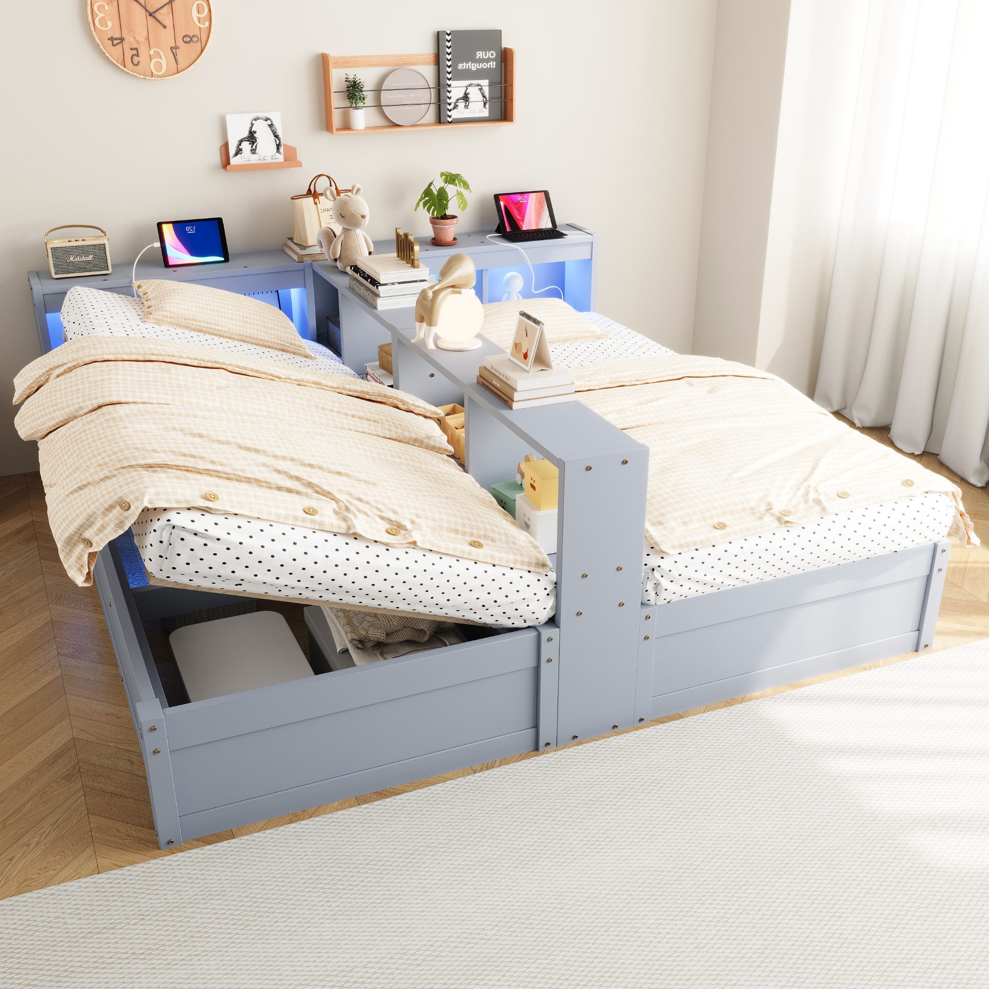 Celya Schlafsofa Doppelbett Mit Einer Euro-Steckdose Und Mehreren Staufächern, ohne Matratze, Mit LED-Lichtleisten, Hydraulischem Bettmechanismus, ideal für Schlafzimmer, Gästezimmer oder kleine Apartments