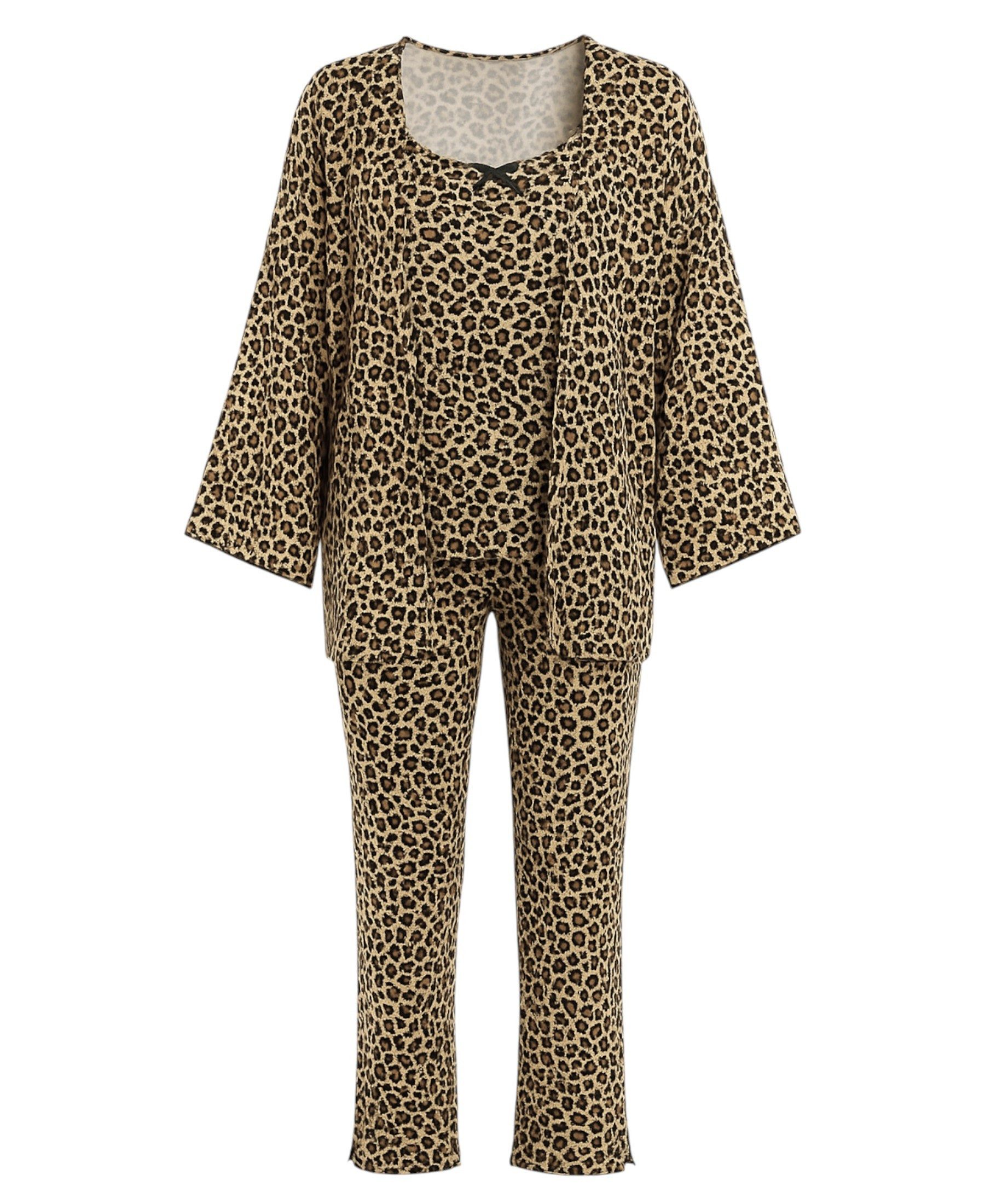 fashionshowcase Pyjama Damen 3-teiliges Set - Hausanzug mit Top, Hose & Morgenmantel (Nachtwäsche-Set, 3 tlg) Dreiteiliges Damen Set mit Muster und Details