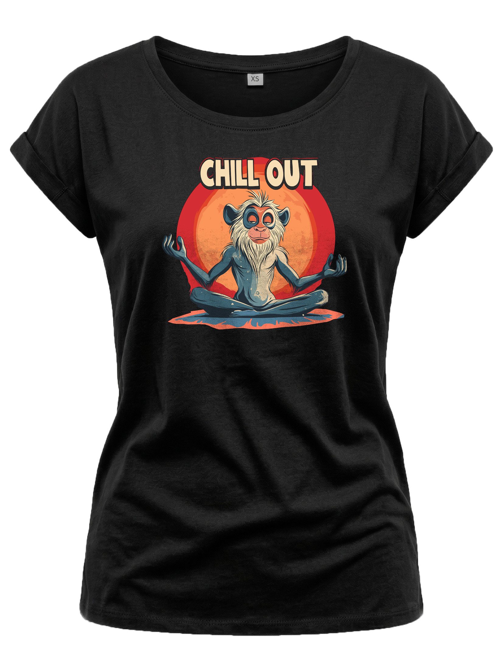 T-Shirt Damen-Top mit Zen-Affen-Print – Chill-Out Motiv im Buddha-Stil