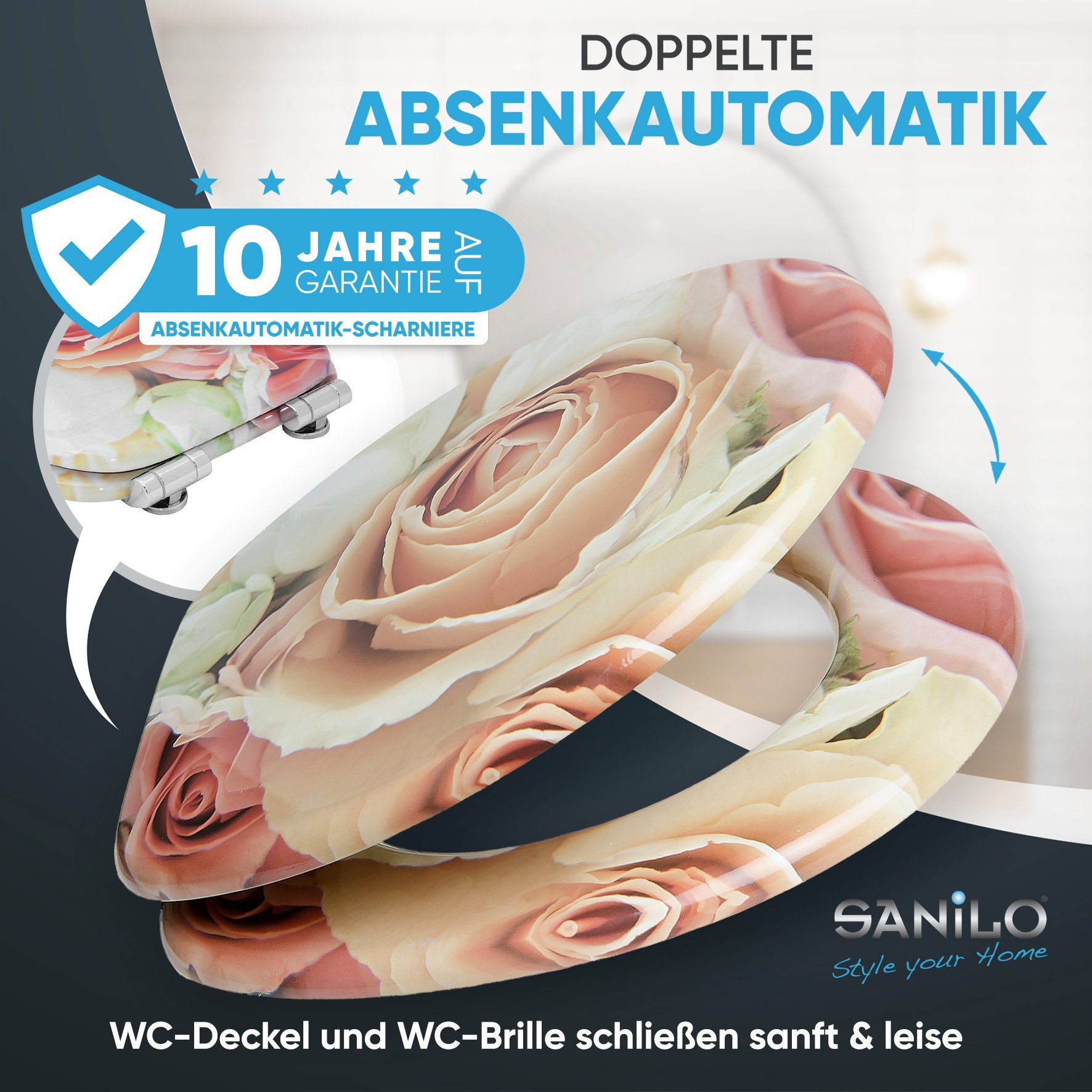 Sanilo WC-Sitz Rosa Rose mit Absenkautomatik, Toilettendeckel direkt vom Hersteller, hochwertig & moderner Klodeckel mit Motiv, universell, leichte Montage