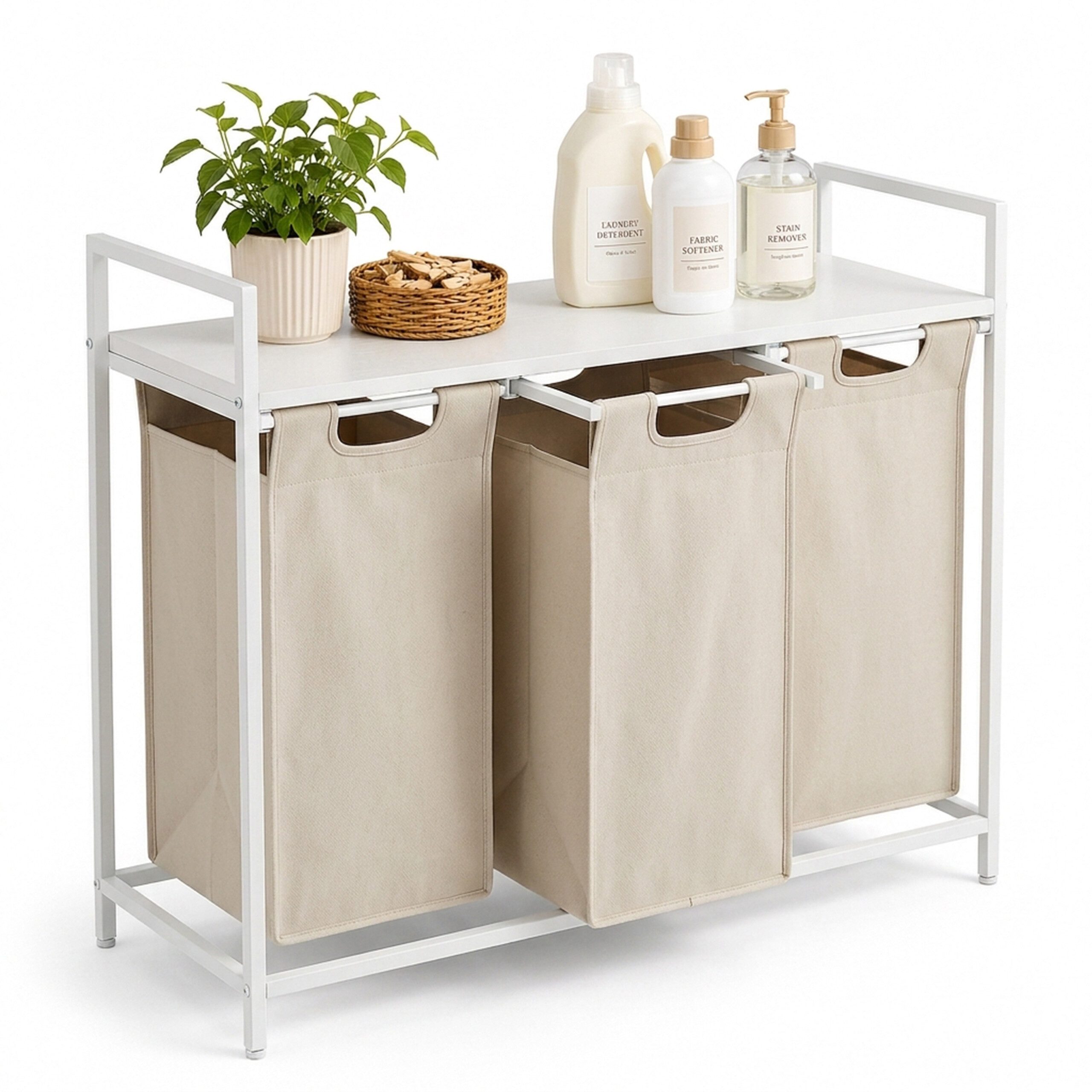 relaxdays Wäschesortierer Wäschekorb mit 3 Fächern & Ablage (3 St), Weiß-Beige