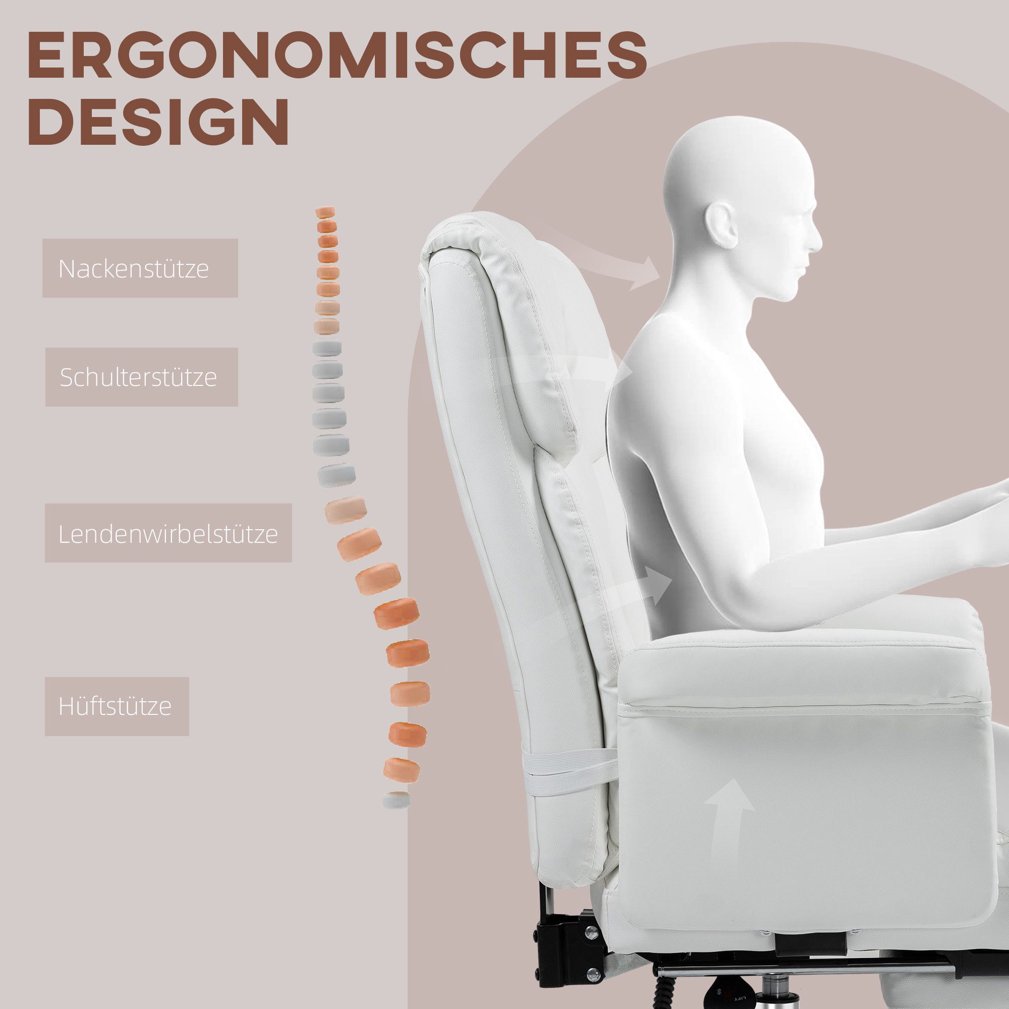 HOMCOM Schreibtischstuhl Bürostuhl Ergonomischer mit Lendenwirbelstütze, Drehstuhl (Computerstuhl, 1 St), für Home-Office, Kunstleder, Weiß – Bild 4 von 5