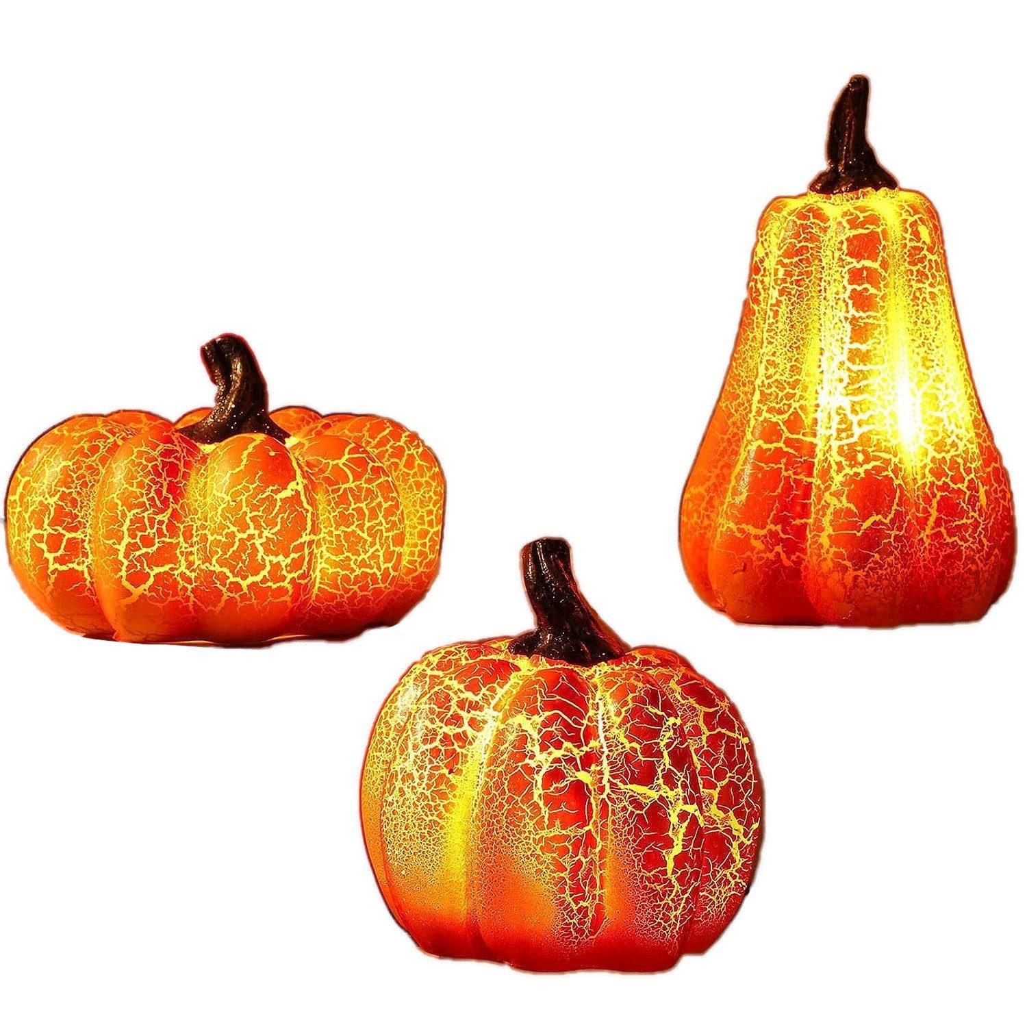 Coonoor LED-Dekofigur Herbstdeko Kürbis Halloween Deko Figuren mit LED Lichter 3 Stück, Figuren Herbst Dekoration Licht Fur Tischdeko, Halloween,Garten