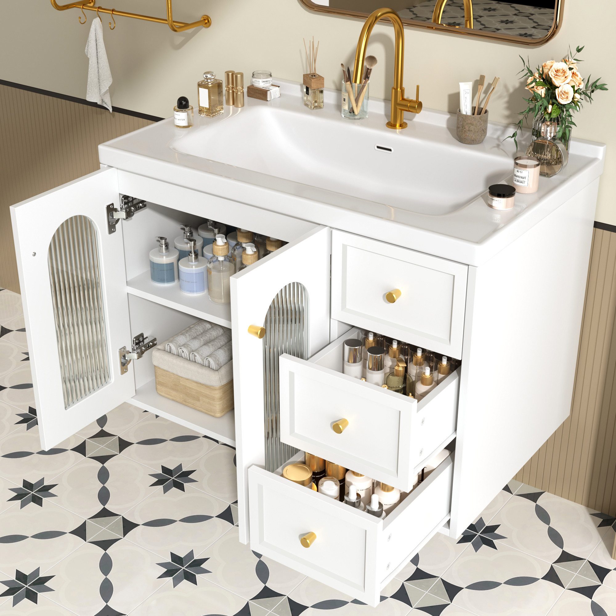 Flieks Waschtisch Waschbeckenunterschrank inkl. Keramik-Waschbecken (B80/T50/H58 cm, 1-St., wandhängend Badschrank mit verstellbarer Einlegeböden), Badmöbel-Set – Bild 2 von 5