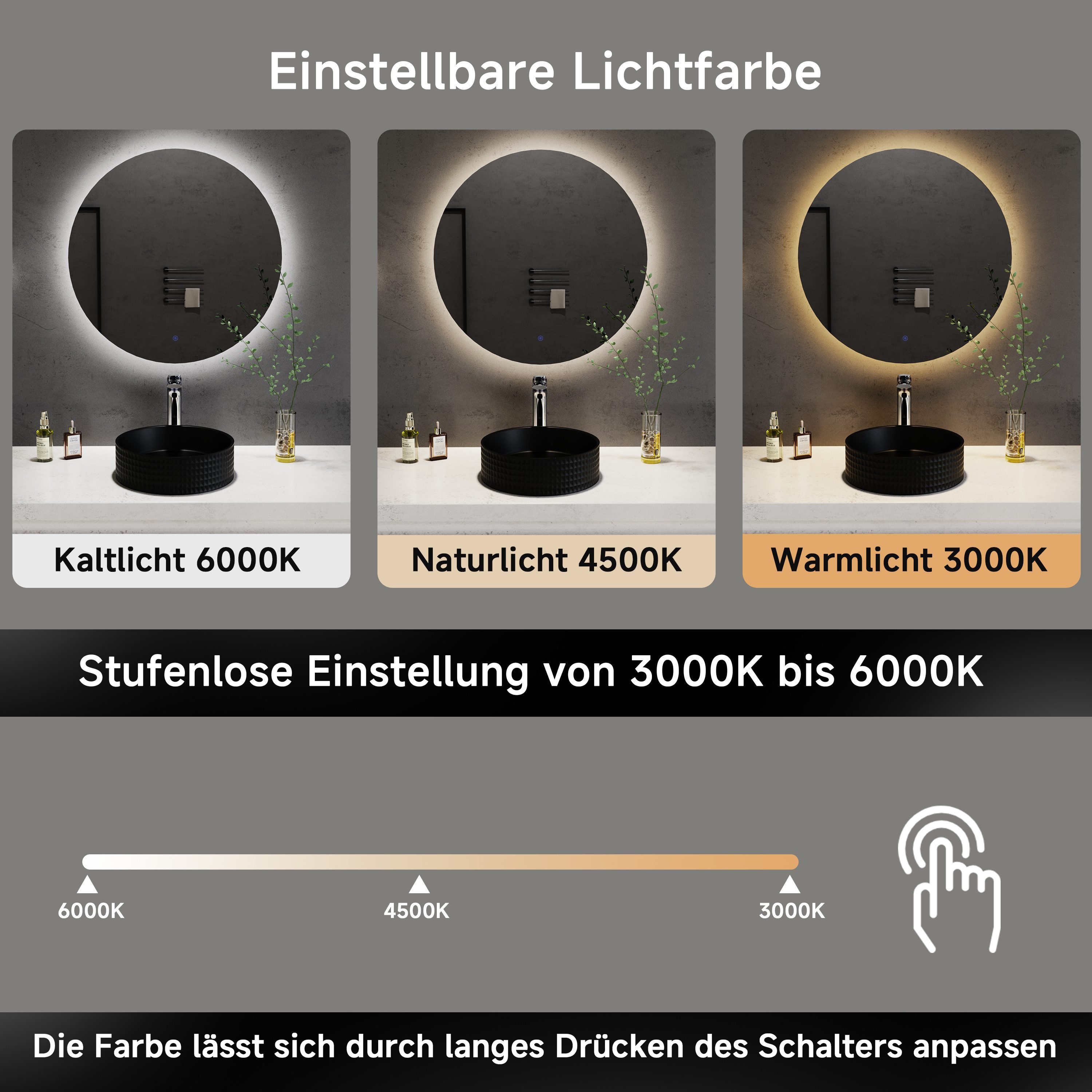 welltime LED-Lichtspiegel Toledo rund, Spiegel mit LED Beleuchtung, Badspiegel, mit Anti-Fog Beschichtung