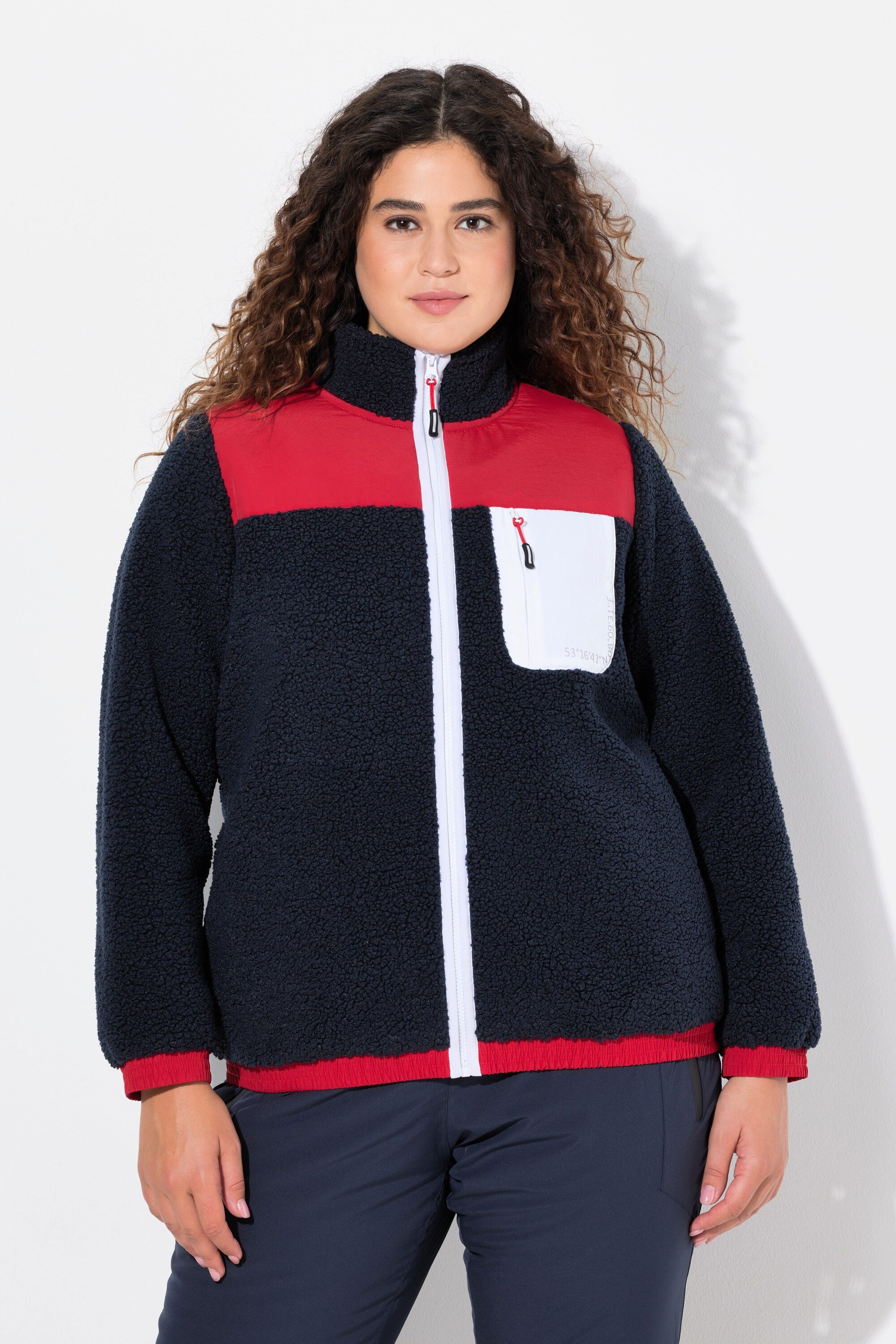 Ulla Popken Sweatjacke Teddyfleece-Jacke Patches Stehkragen günstig online kaufen