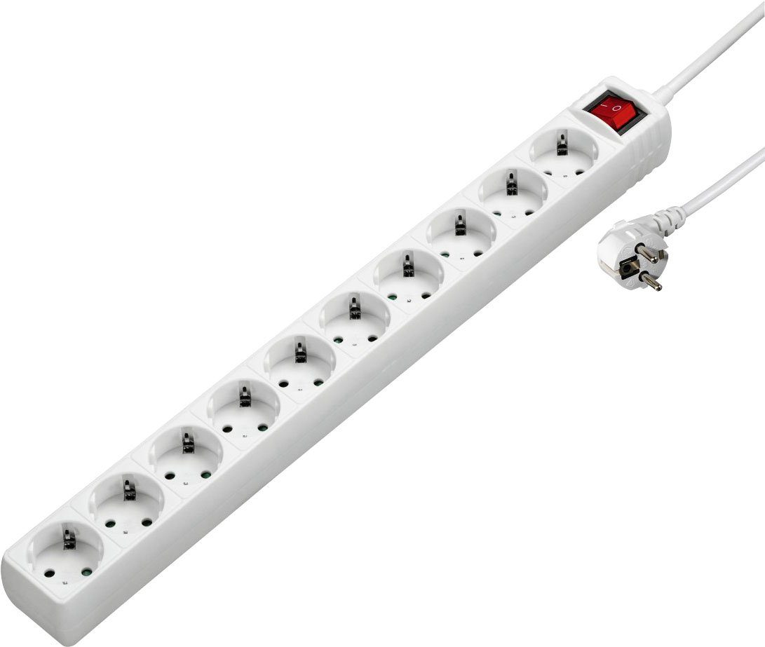 Hama Mehrfachstecker, 10-fach, mit Schalter, 3,0m, weiß Steckdosenleiste 10-fach (Ein- / Ausschalter, Schalterbeleuchtung, Kabellänge 3 m)