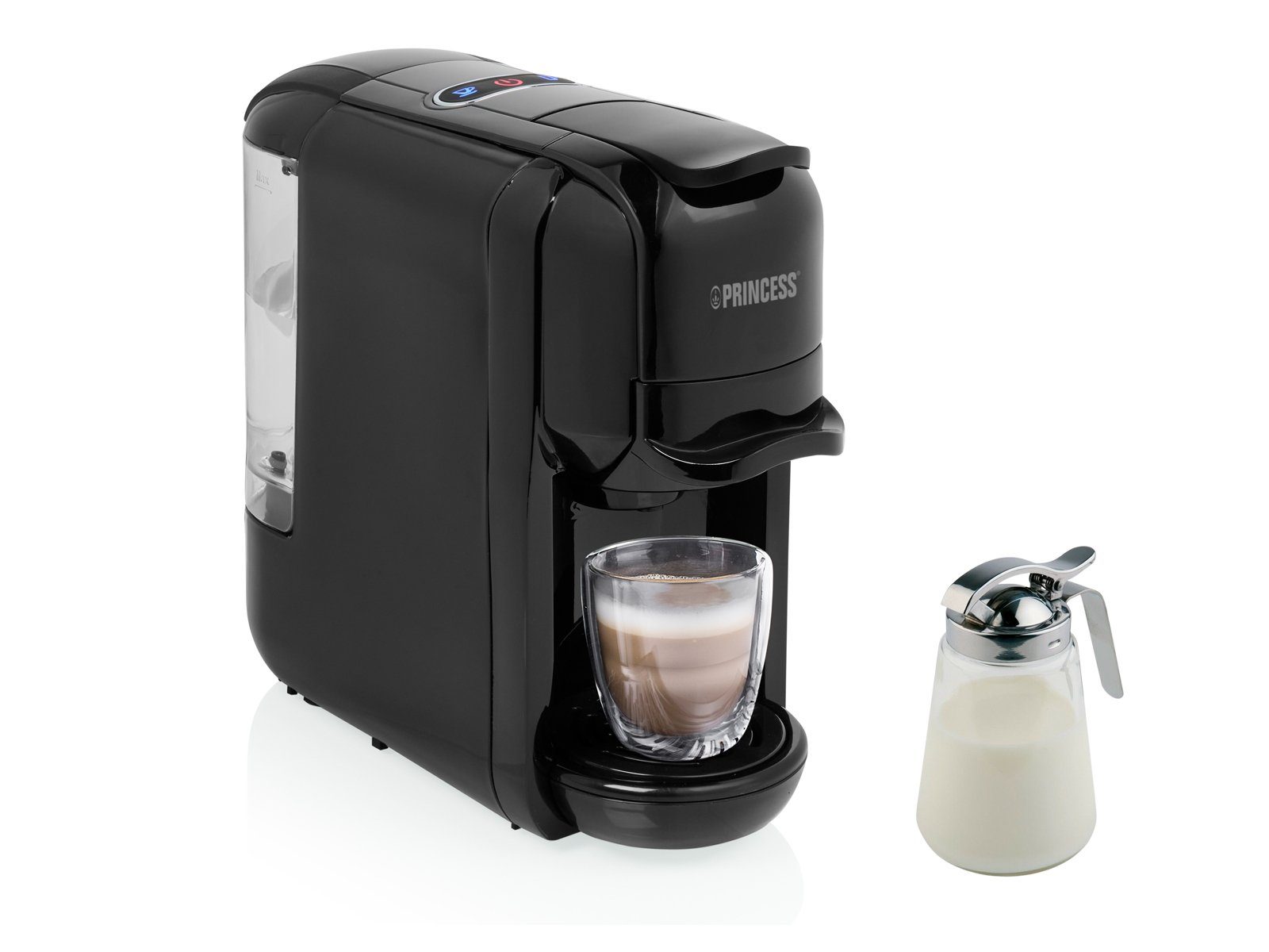 PRINCESS Kapselmaschine, kleine 3in1 Kaffee-Padmaschine Wassertank abnehmbar, mit Milchkännchen