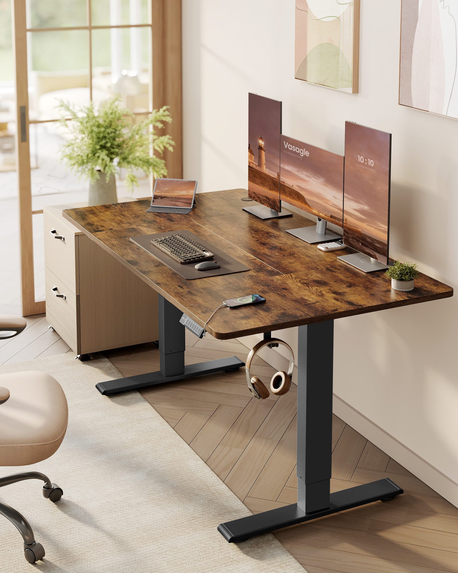 VASAGLE Schreibtisch Höhenverstellbarer, USB-C-Anschluss, Erinnerung bei langem Sitzen, Ablage für Steckdosenleiste, 3 Speichertasten, 140/160/180cm