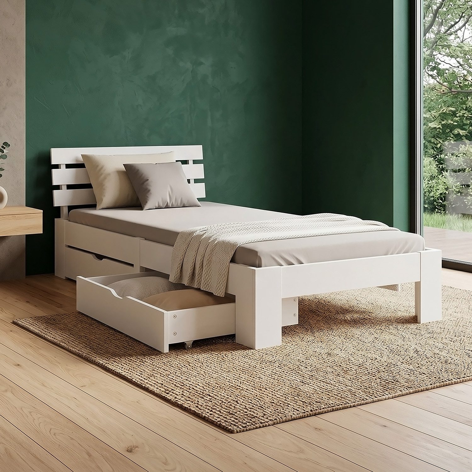 Homestyle4u Holzbett 90x200 140x200 160x200 180x200 Bettkasten Lattenrost Natur Weiß Grau (Set, mit Lattenrost und 2 Bettkästen, Stauraumbett), 90x200, Kiefer, mit Stauraum, Weiß, schlicht