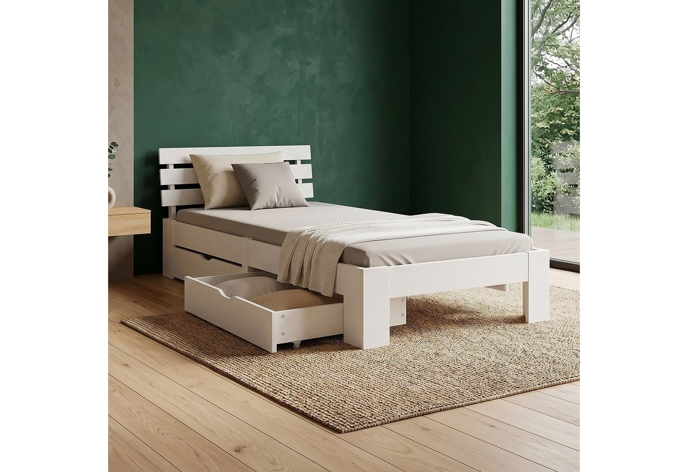 Homestyle4u Holzbett 90x200 140x200 160x200 180x200 mit / ohne Matratze Bettkasten (Set, mit Lattenrost und 2 Bettkästen, Stauraumbett), 90x200, Kiefer, mit Stauraum, Weiß, schlicht