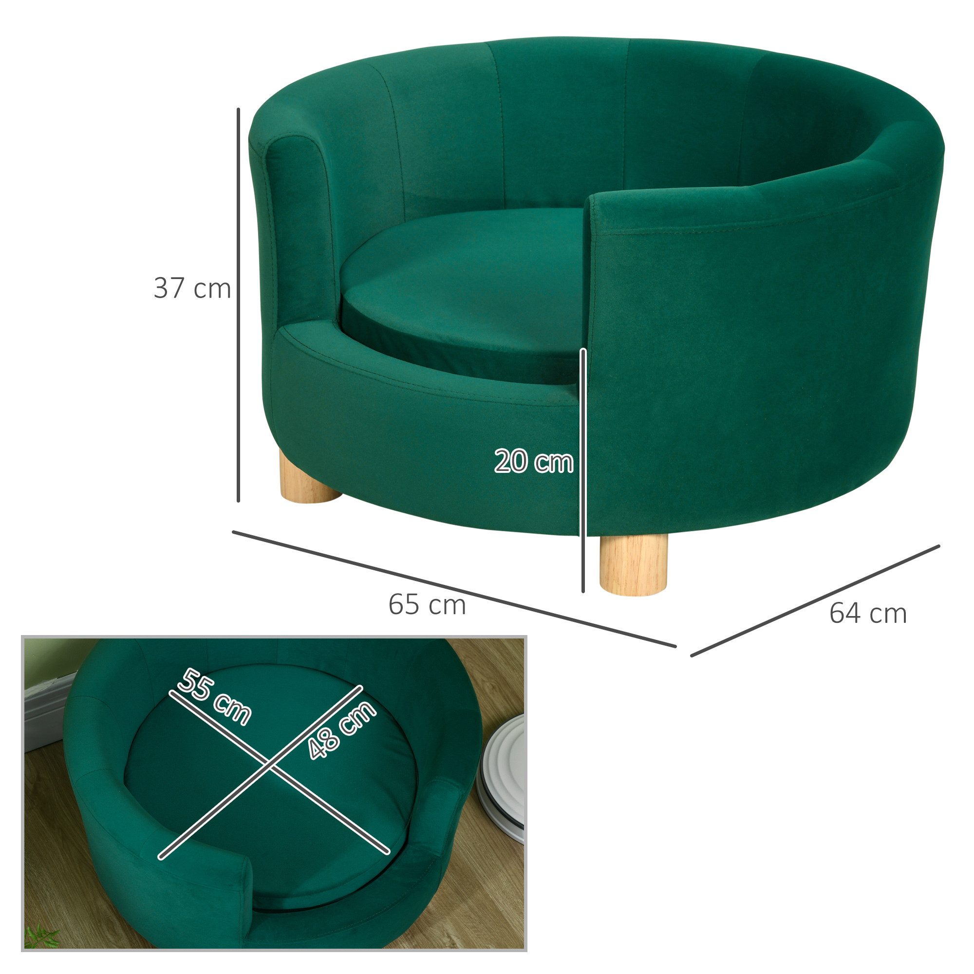 PawHut Tierbett Hundebett mit Holzbein, Polyester, Grün 65 x 64 x 37 cm