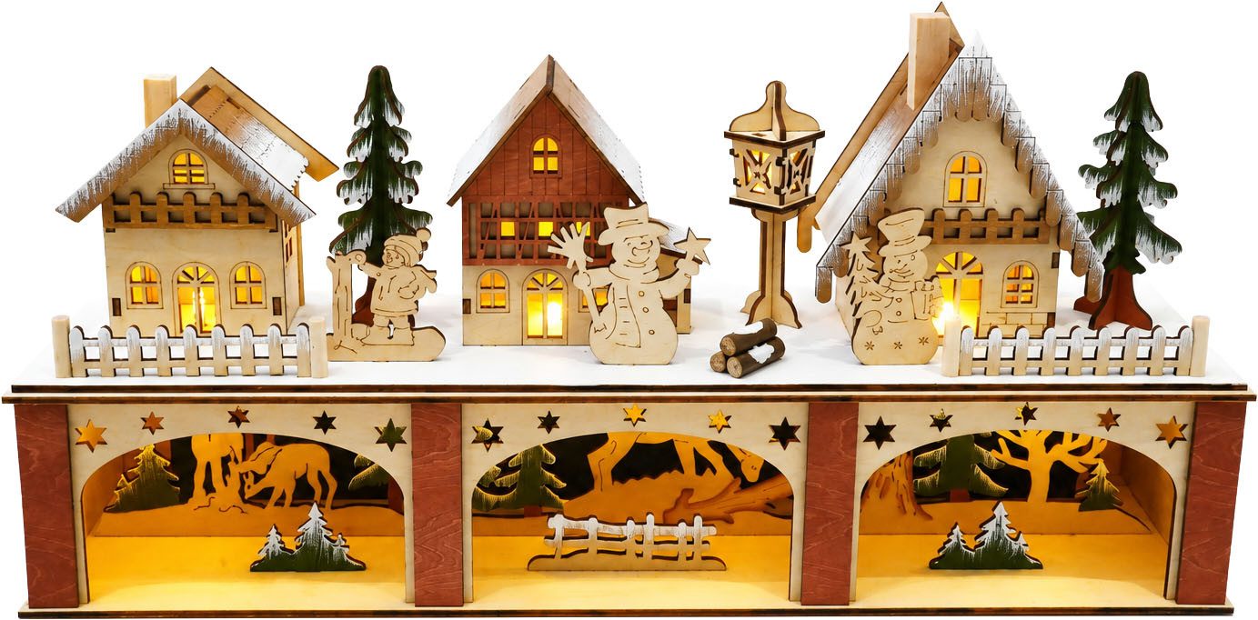 OTTO home LED Dekoobjekt Weihnachtsdekoration aus Holz, Timerfunktion, LED fest integriert, Warmweiß, mehrdimensionale Szenerie, Gratis-Hänger, 6h-Timer, Höhe 22 cm