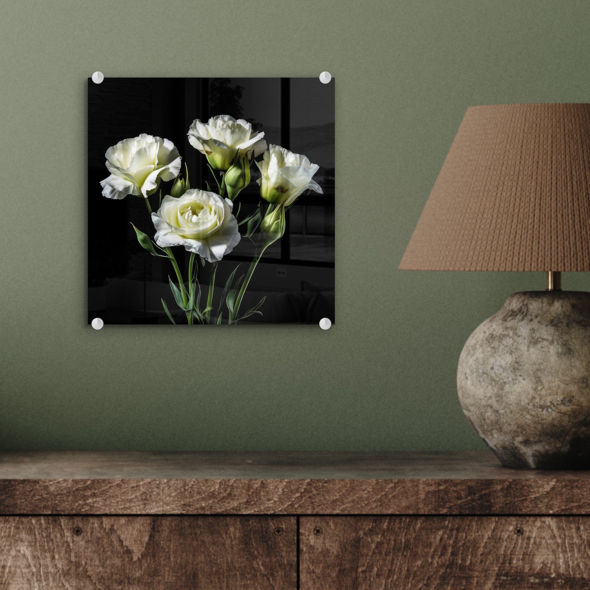 - Wandbild Wanddekoration Glasbilder Blumen Rosen Weiß - (1 auf Glas Glas Bilder MuchoWow - - - Foto Schwarz, auf Botanisch - - St), Acrylglasbild