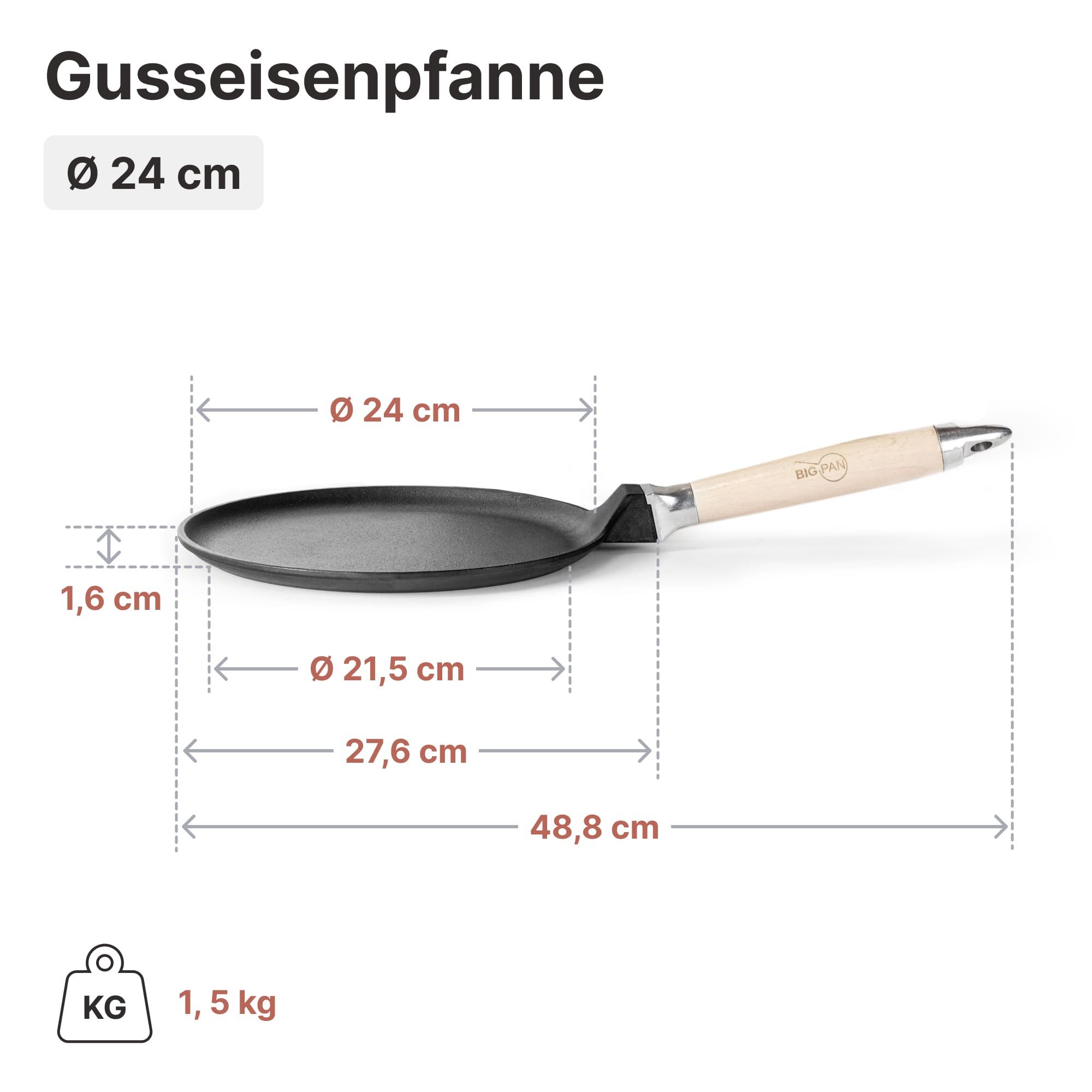 BIG-PAN Crêpepfanne Premium Pfannkuchenpfanne Gusseisen 24 cm Induktion abnehmbarer Griff, Gusseisen (Crêpes Pfanne Gußeisenpfanne Eisenpfanne, Cast Iron Pan), Induktion Holzgriff backofenfest UNBESCHICHTET