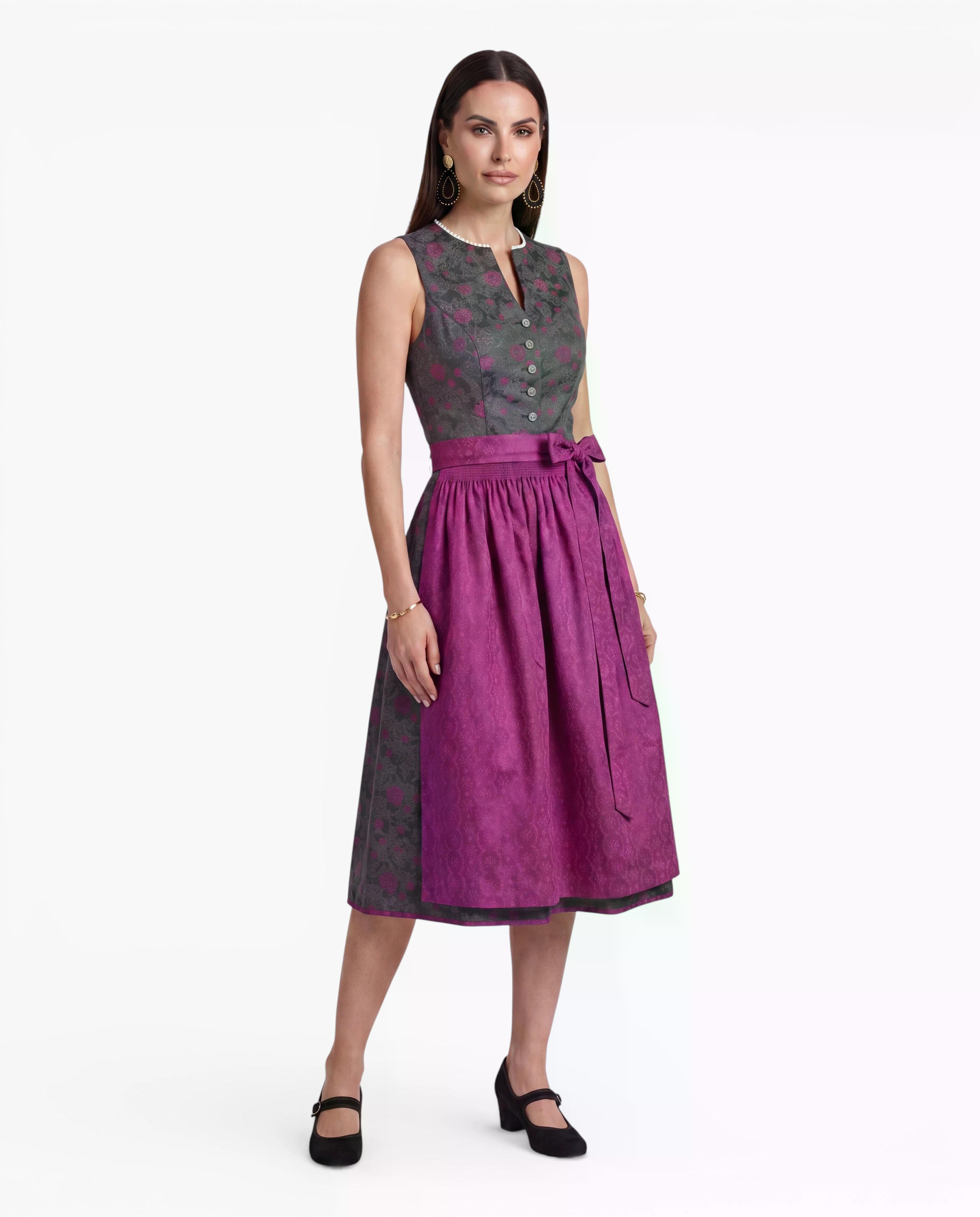 Ramona Lippert Dirndl Trachtenkleid Nadja hochgeschlossen grau pink Rocklänge 65 cm (2-teilig)