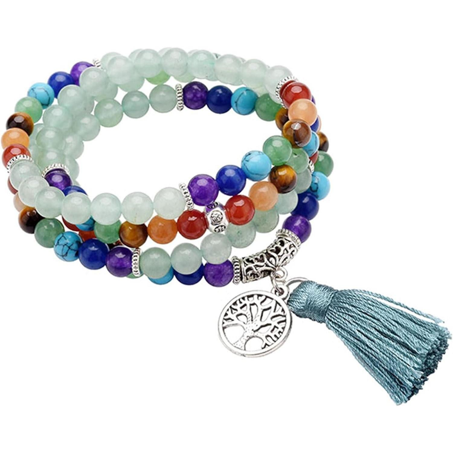 LuxusKollektion Perlenkette Mala Kette 108 Perlen Edelstein 7 Chakra Lebensbaum Grünes Aventurin