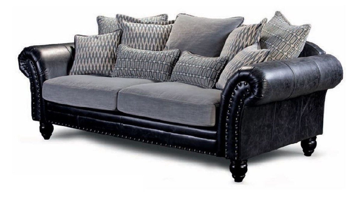 Casa Padrino 4-Sitzer Casa Padrino Luxus Echtleder 3er Sofa Vintage Schwarz / Grau 230 cm