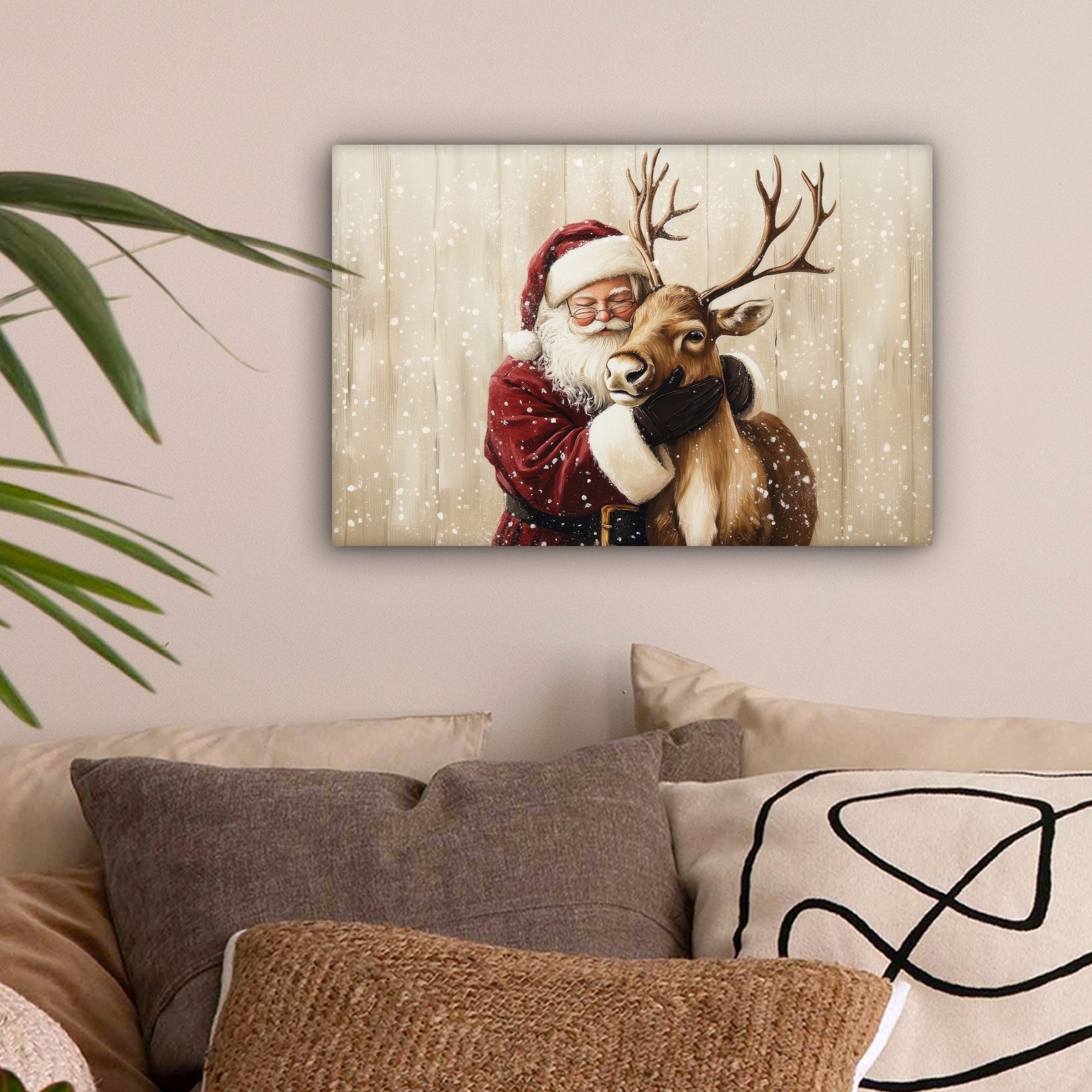 OneMillionCanvasses® Leinwandbild Weihnachtsmann - Rentier - Schnee - Bunt, günstig online kaufen