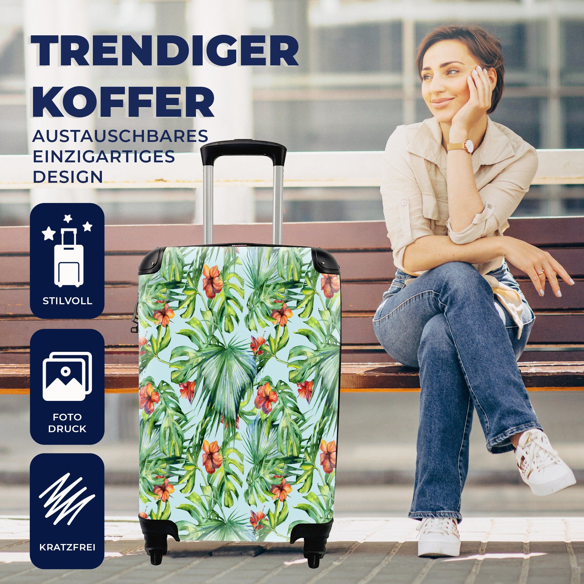 Handgepäck Orange, - Reisetasche Monstera - rollen, Ferien, für Reisekoffer Trolley, 4 MuchoWow Blumen Handgepäckkoffer mit Rollen,