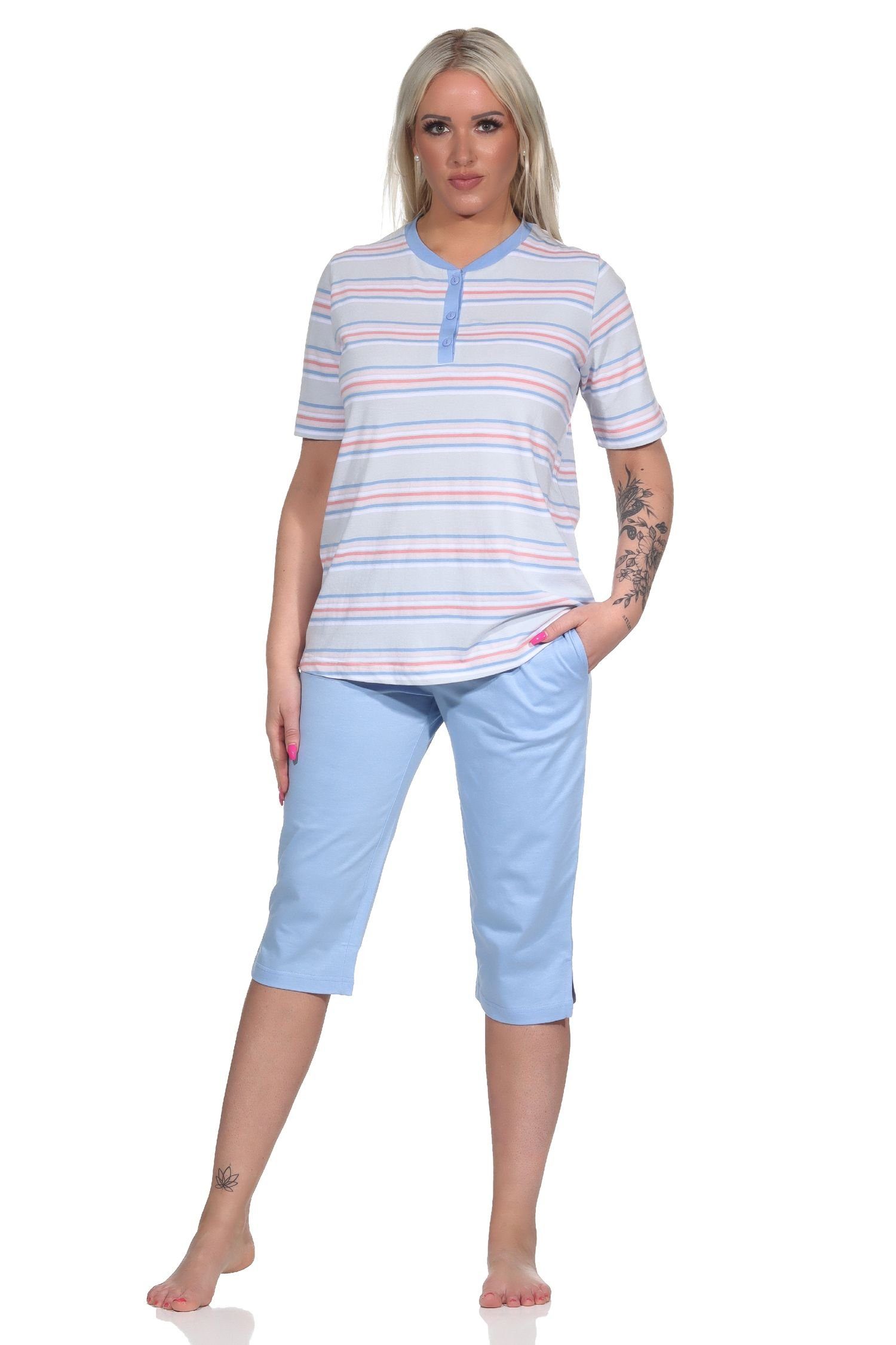 Normann Pyjama Damen Schlafanzug kurzarm Pyjama mit Caprihose hellblau