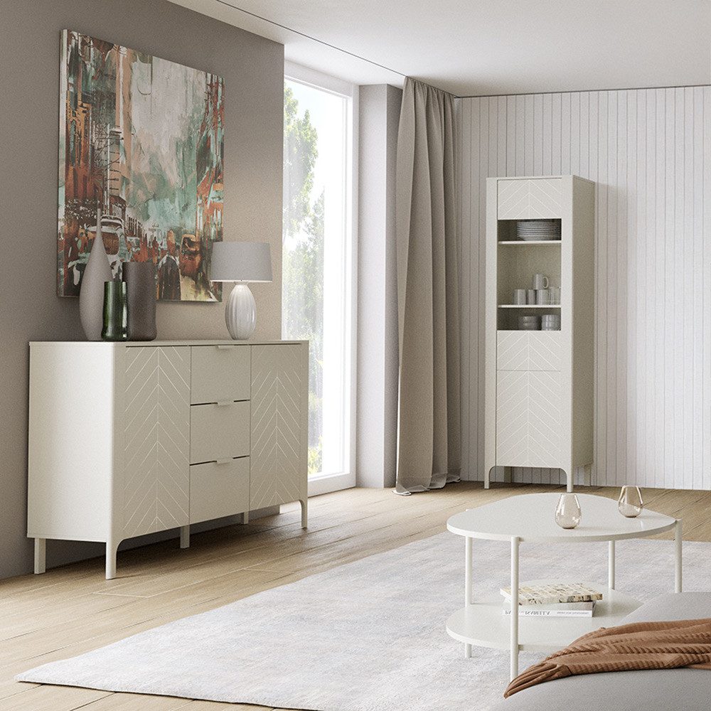 Lomadox Wohnzimmer-Set MAZARA-161, (Mega-Spar-Set, 3-St., Kommode Vitrine Couchtisch), Wohnwand mit Fischgrät Dekor, Push-to-Open und Softclose-Funktion