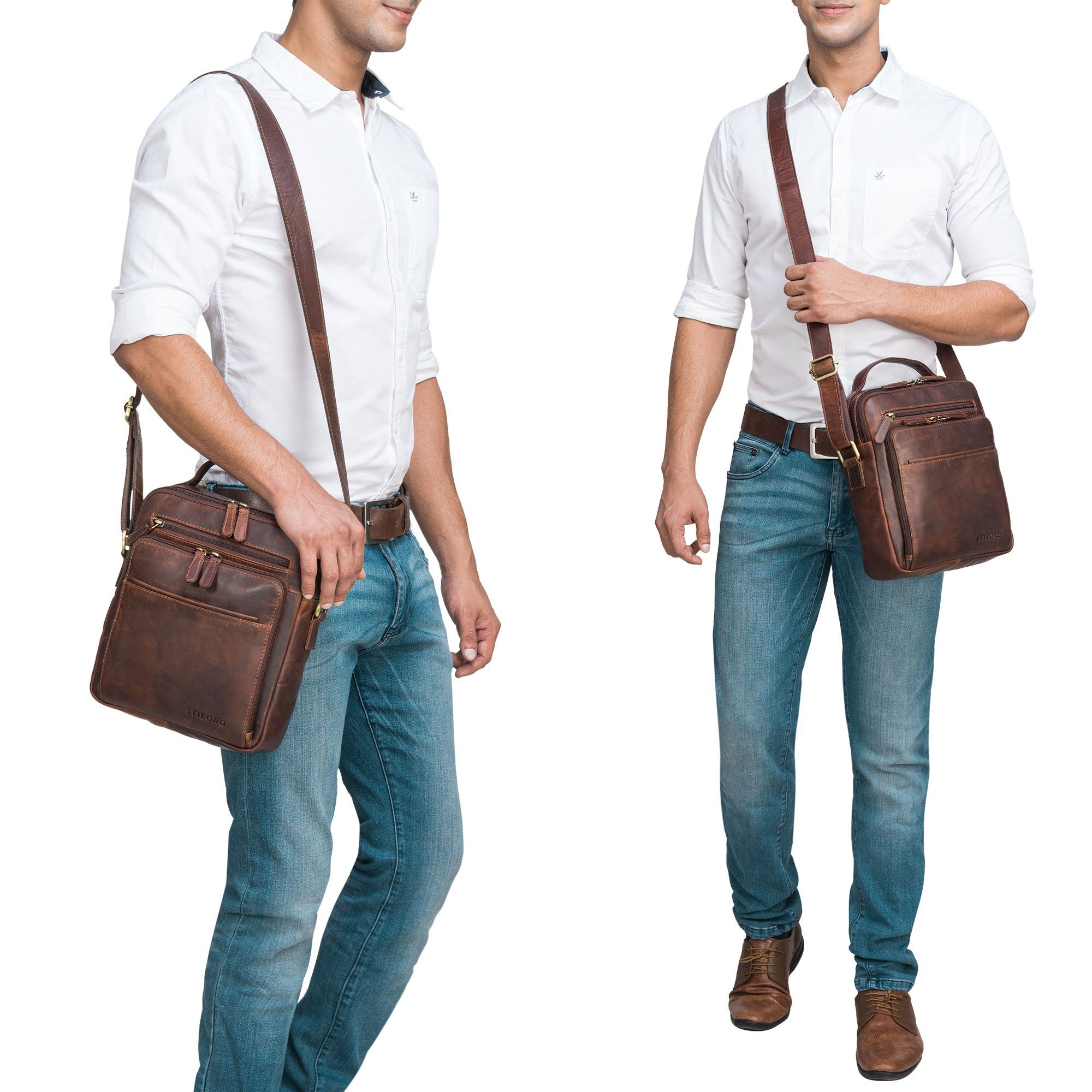 STILORD Messenger Bag "Ivan" Modische aus - Premium cognac Leder dunkelbraun Männerhandtasche