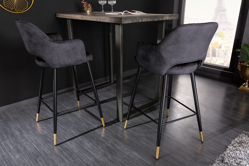 riess-ambiente Barhocker PARIS grau/schwarz/gold - Samt, Metall, mit Armlehne & Ziersteppung (Einzelartikel, 1 St), gepolstert & im edlen Look – ideal für Küche – Bild 4 von 5