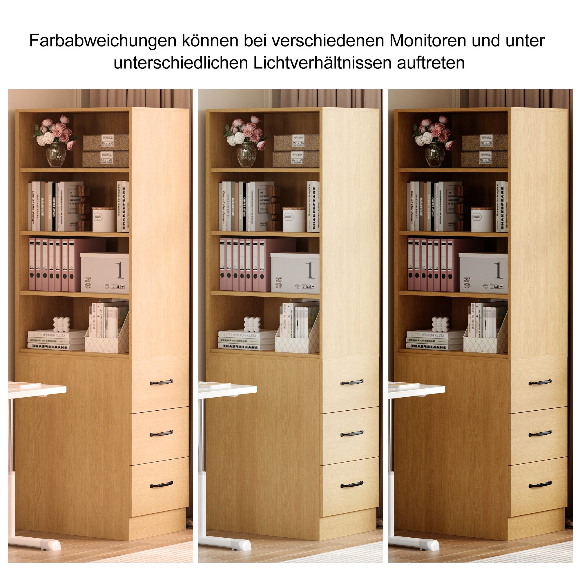 Flieks Bücherregal mit seitlichen Schubladen, links und rechts austauschbar, B60/T38/H180 cm 1-tlg., Hochschrank mit verstellbaren Einlegeböden Wohnzimmerschran – Bild 5 von 5
