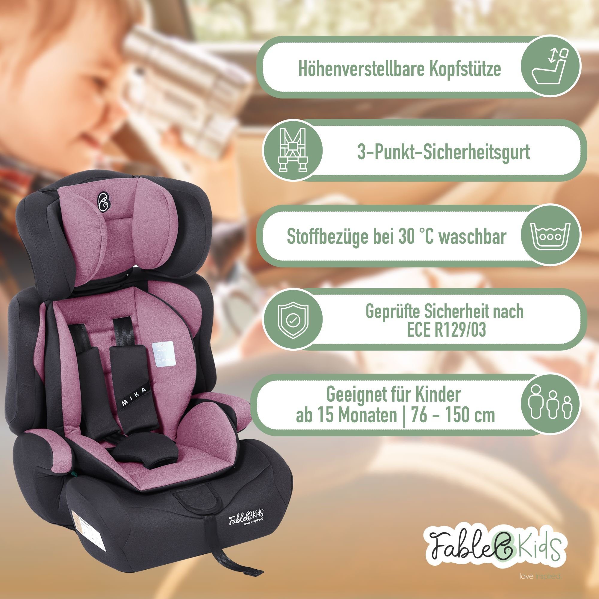 FableKids Autokindersitz Sitzerhöhung i-Size 76–150 cm, vorwärtsgerichtet, 3-Punkt-Gurt, ab: 15 Monaten, bis: 12 Jahre, Pflegeleicht: Bezug abnehmbar und waschb – Bild 3 von 5