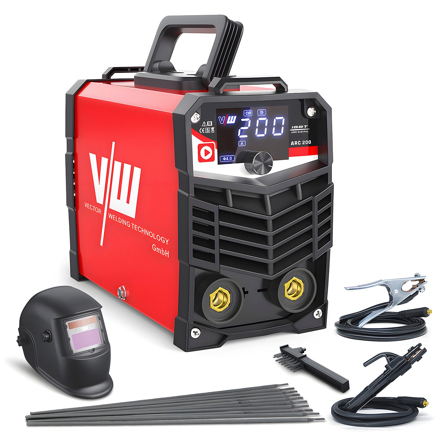 VECTOR WELDING Elektroschweißgerät Set ARC 200A– Inklusive Schweißhelm und Bürste, 10x Elektroden