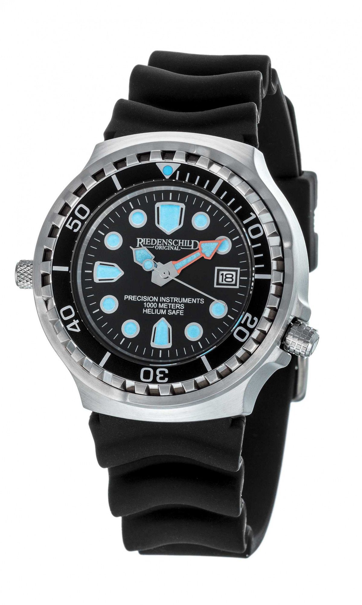 Taucheruhr RS9000-01, 100 ATM Wasserdicht, Schwarzes Silikonarmband, 46 mm