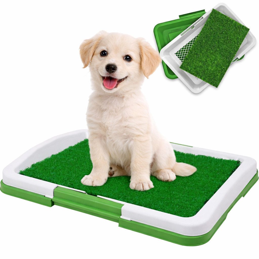 MOPUEA Hundetoilette Welpentoilette mit Grasmatte Hundeklo für kleine Hunde Indoor, für Wohnung Balkon und Terrasse mit Kunstrasen Weiß/Grün