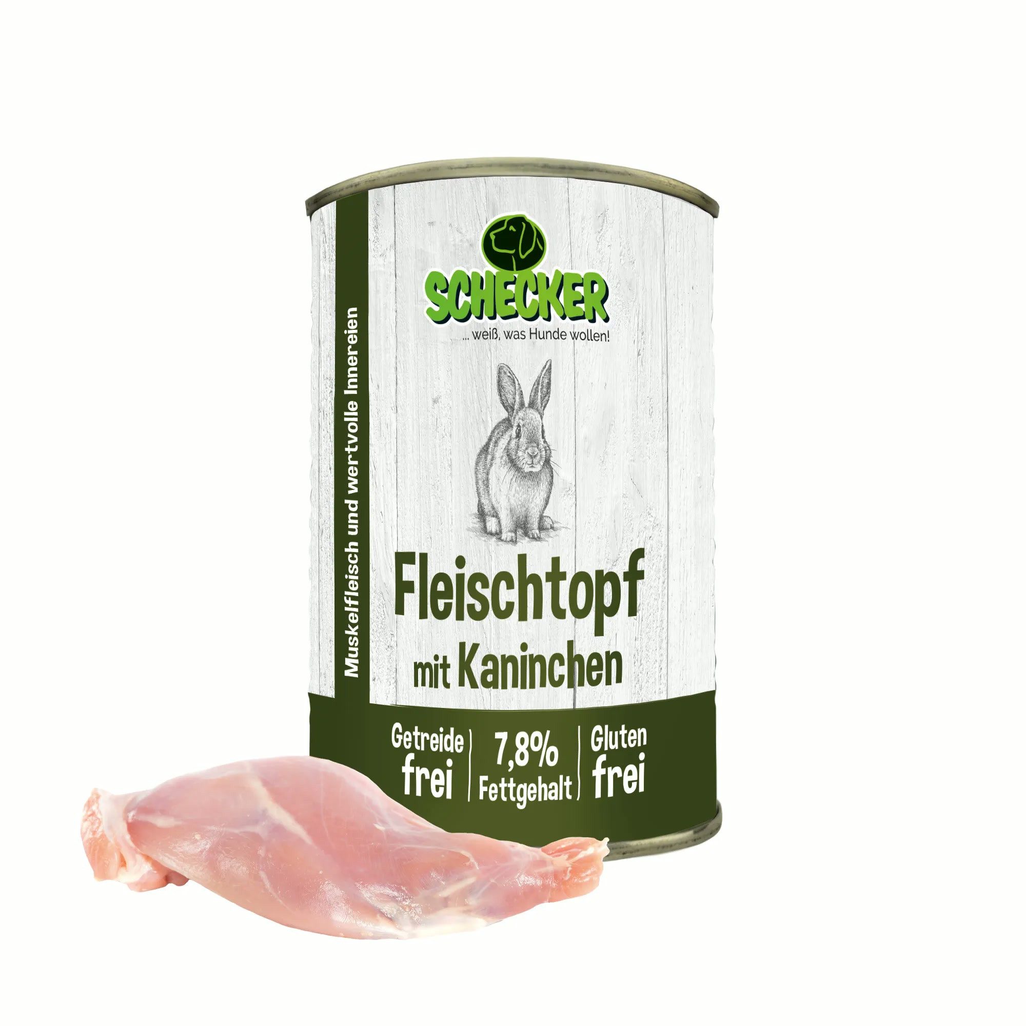 Schecker Schecker Nassfutter - Fleischtopf mit Kaninchen 820g Dosen Kaninchen, Nassfutter für: Hunde, grob zerkleinert und gemixt, mit gut sichtbaren Stücken